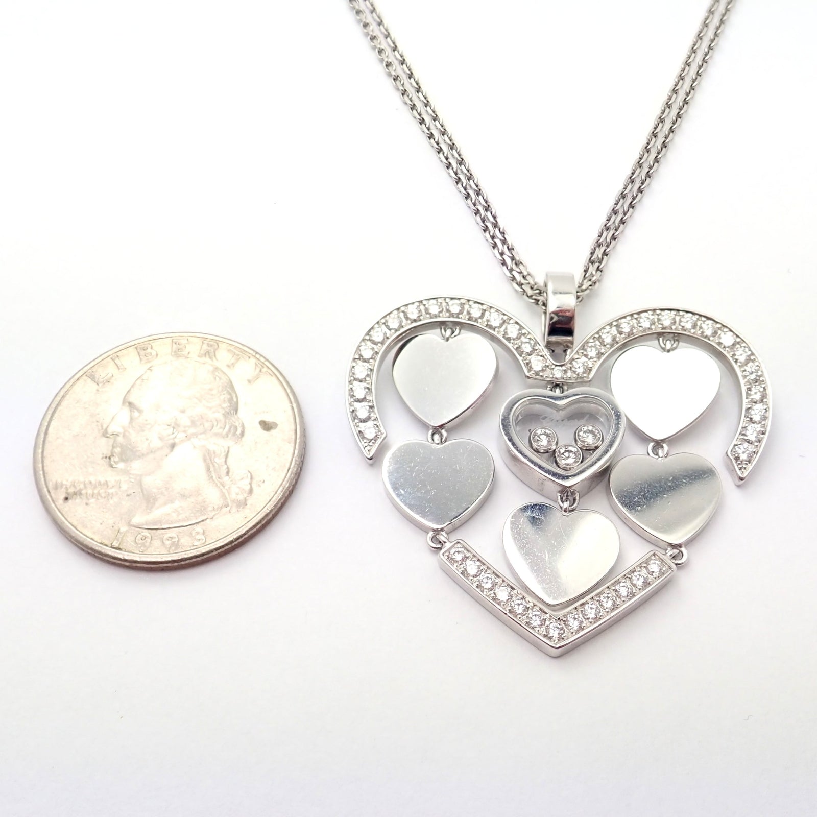 Authentic! Chopard 18k White Gold Large Double Happy Hearts Diamond Necklace | Fortrove
