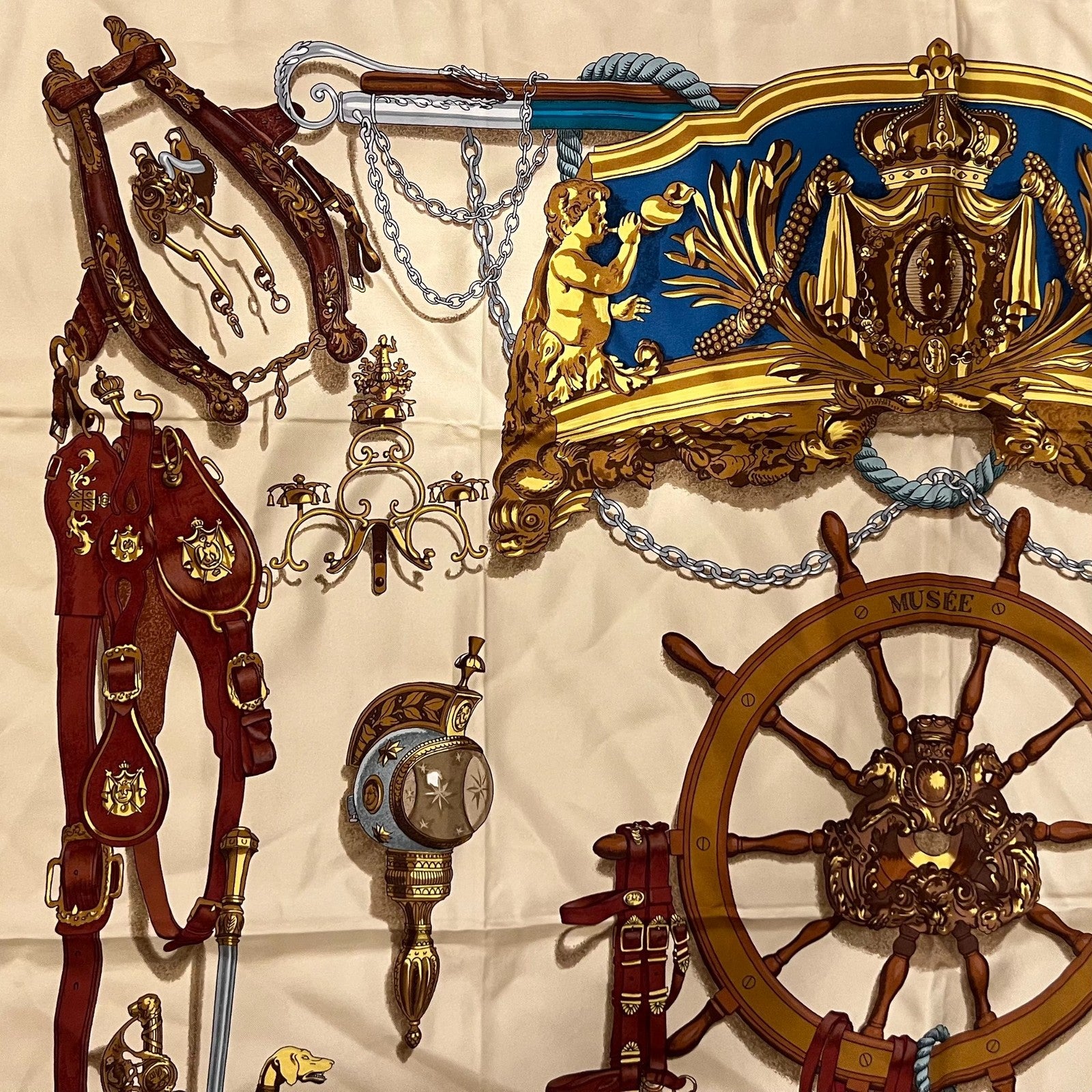 Authentic RARE! Hermes Tan Musee Museum Vintage 90cm Silk Scarf | Fortrove