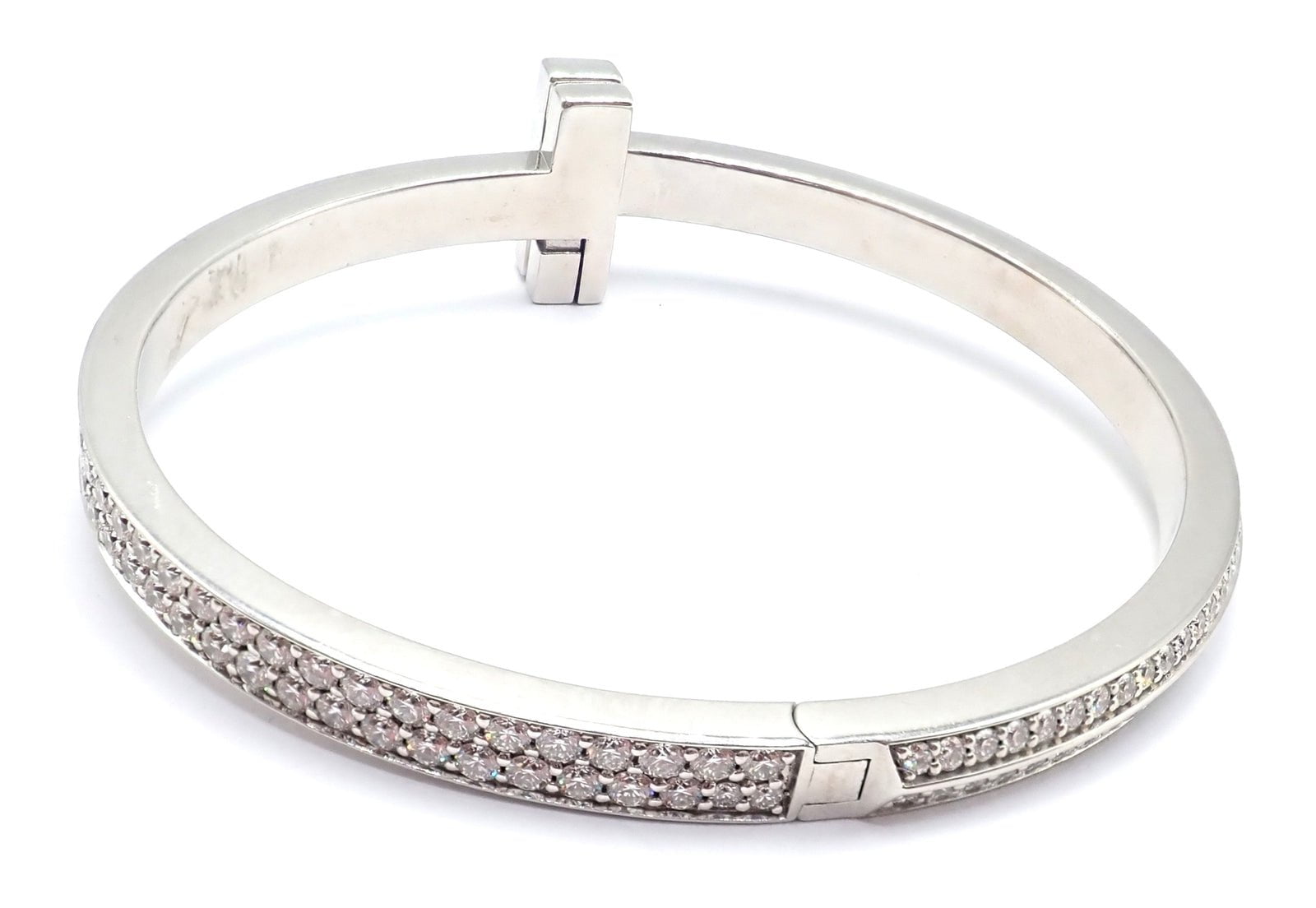 Authentic! Tiffany & Co 18k White Gold Diamond T1 Wide Hinged Bangle Bracelet | Fortrove