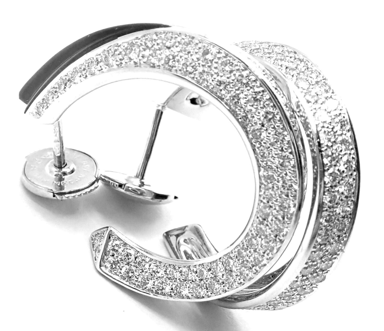 Authentic! Cartier Panthere 18k White Gold Diamond Onyx Hoop Earrings | Fortrove