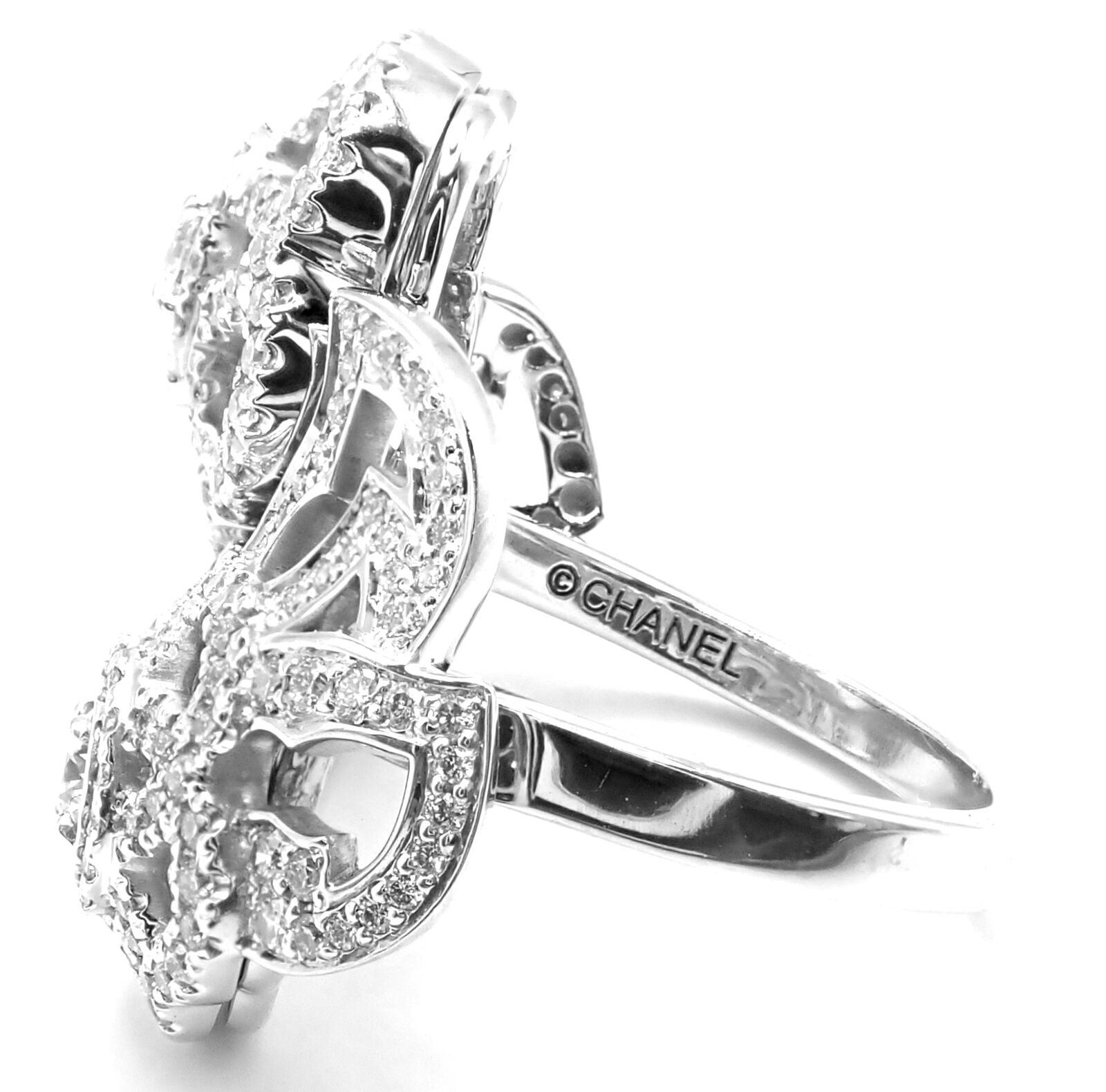 Authentic Chanel Camellia Two Flower 18K White Gold Diamond Ring