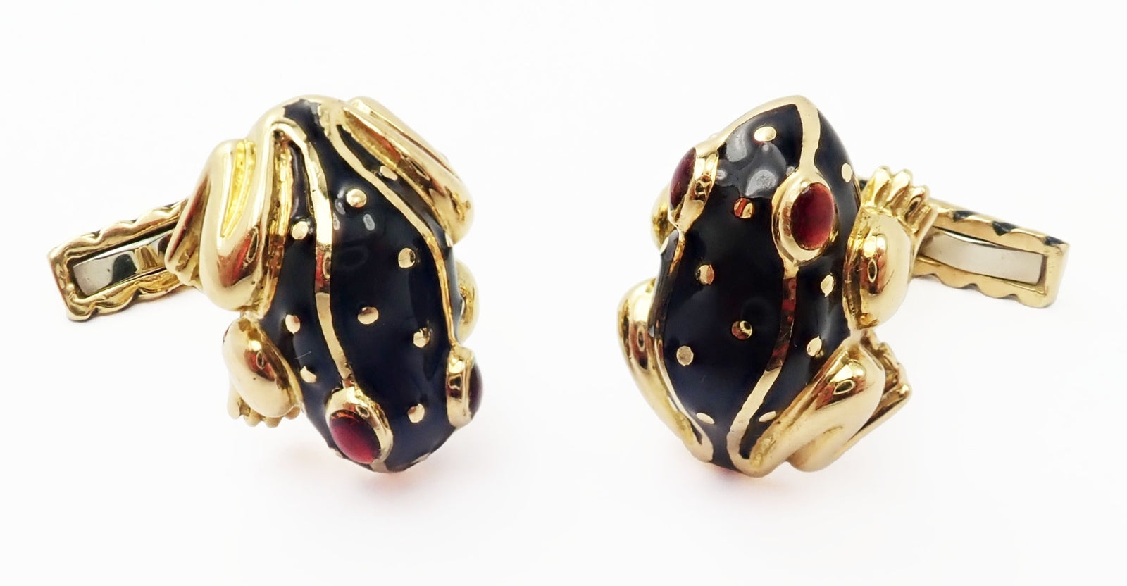 Authentic! Vintage David Webb 18k Yellow Gold Ruby Black Enamel Frog Cufflinks | Fortrove