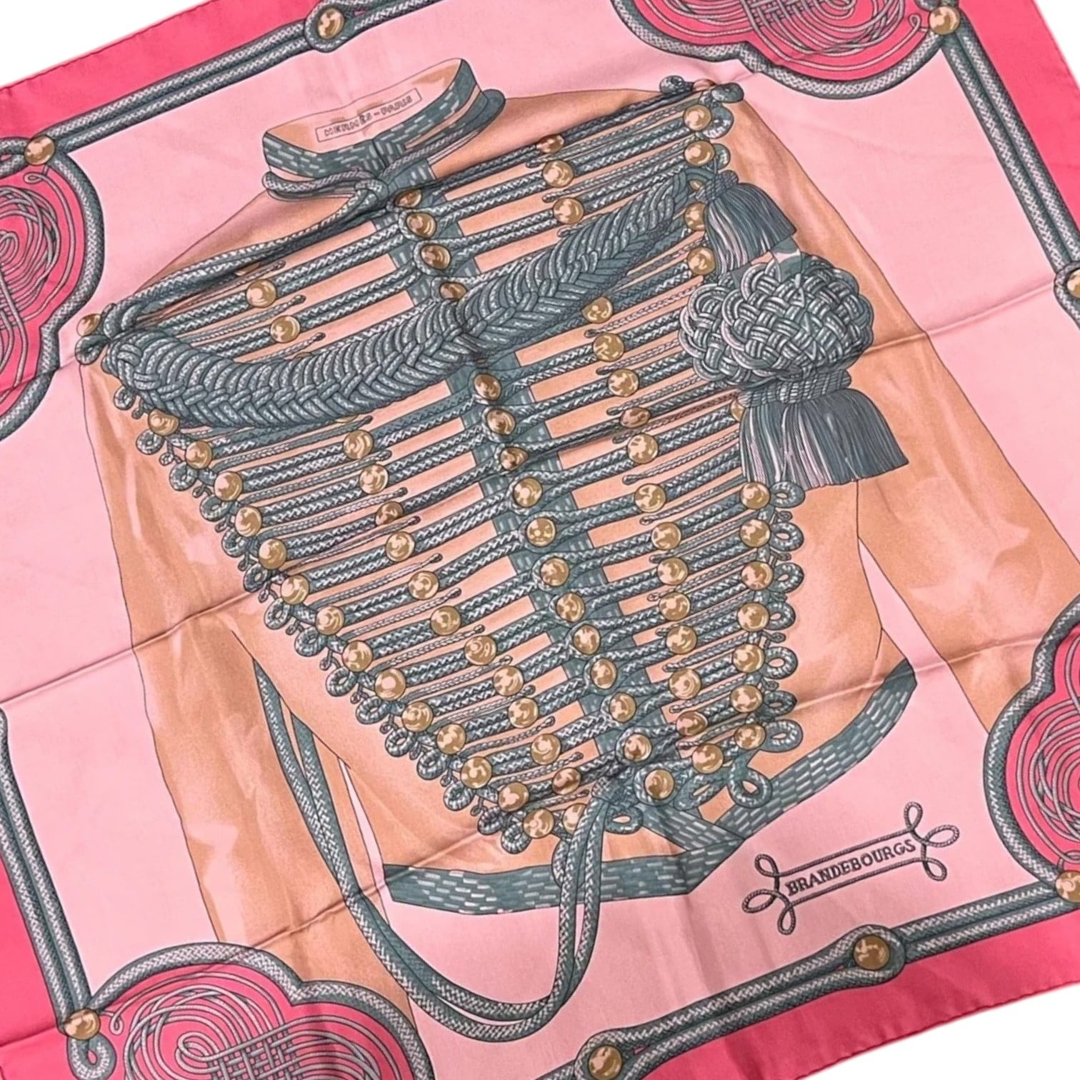 Authentic Hermes Pink Brandebourgs Silk Scarf 90cm