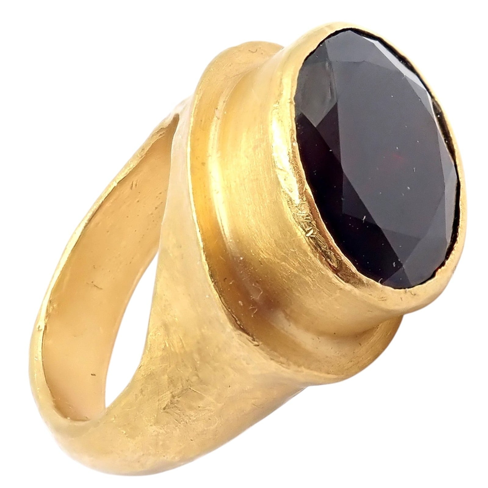 Authentic! Yossi Harari Hammered 24k Yellow Gold Large Garnet Ring sz 7 | Fortrove