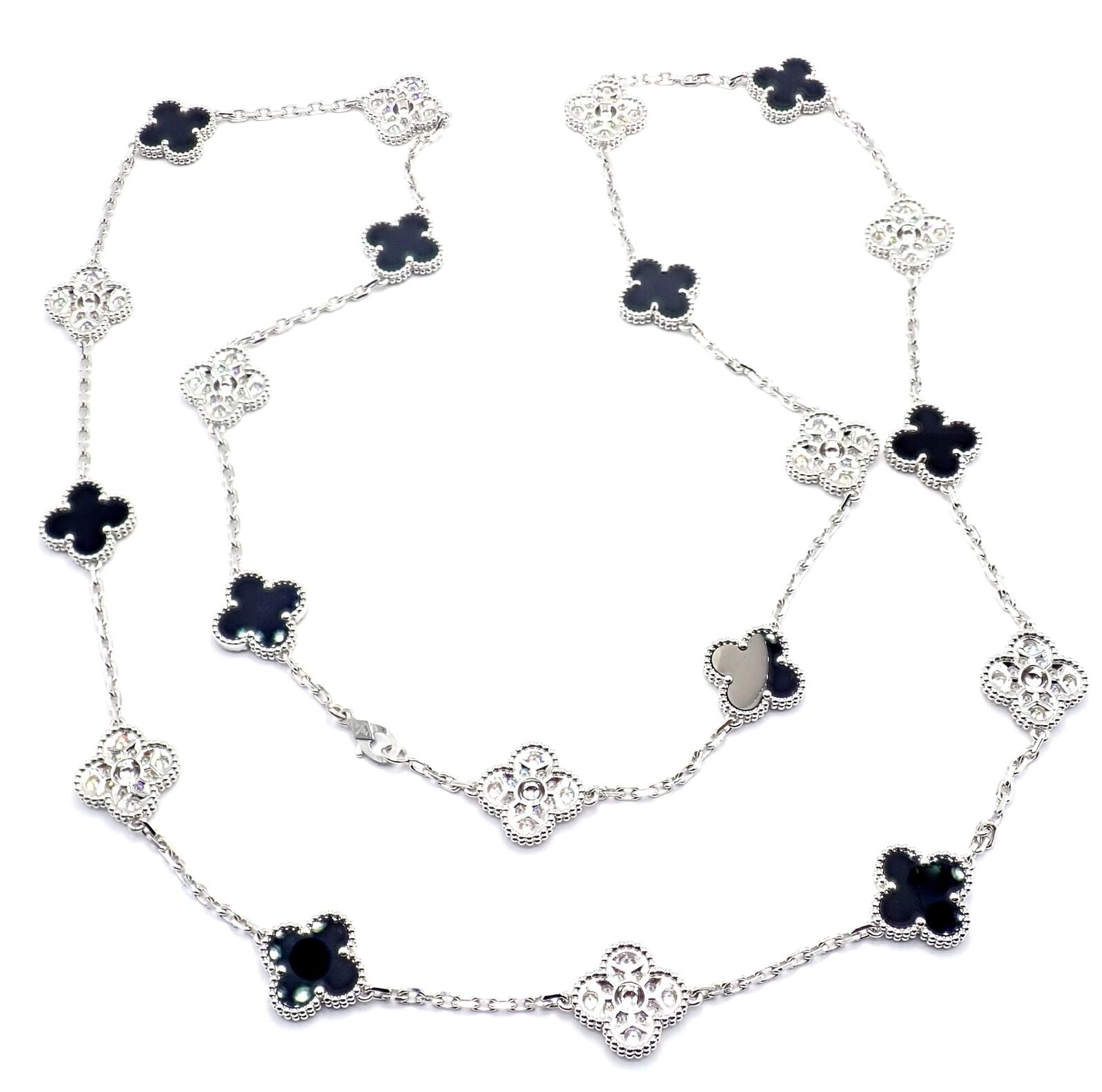 Van Cleef & Arpels Jewelry & Watches:Fine Jewelry:Necklaces & Pendants Van Cleef & Arpels 18k White Gold 20 Motif Alhambra Diamond Black Onyx Necklace