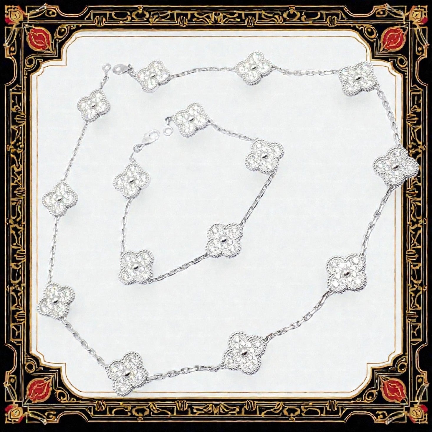 Van Cleef & Arpels 18k Gold Vintage Alhambra Diamond Necklace Bracelet Set Cert. | Fortrove