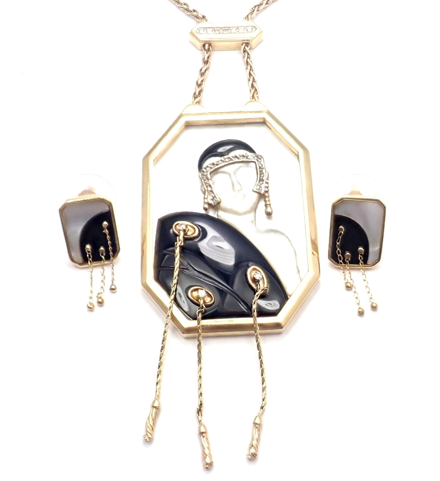 ERTE Folies 14k Yellow Gold Diamond Onyx Mother of Pearl Necklace & Earrings Set | Fortrove