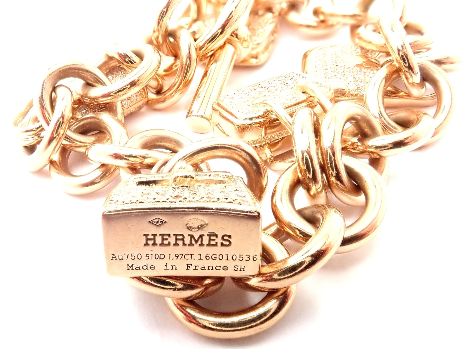 Authentic! Hermes 18k Rose Gold Diamond Signature Iconic Bag Charm Link Bracelet | Fortrove