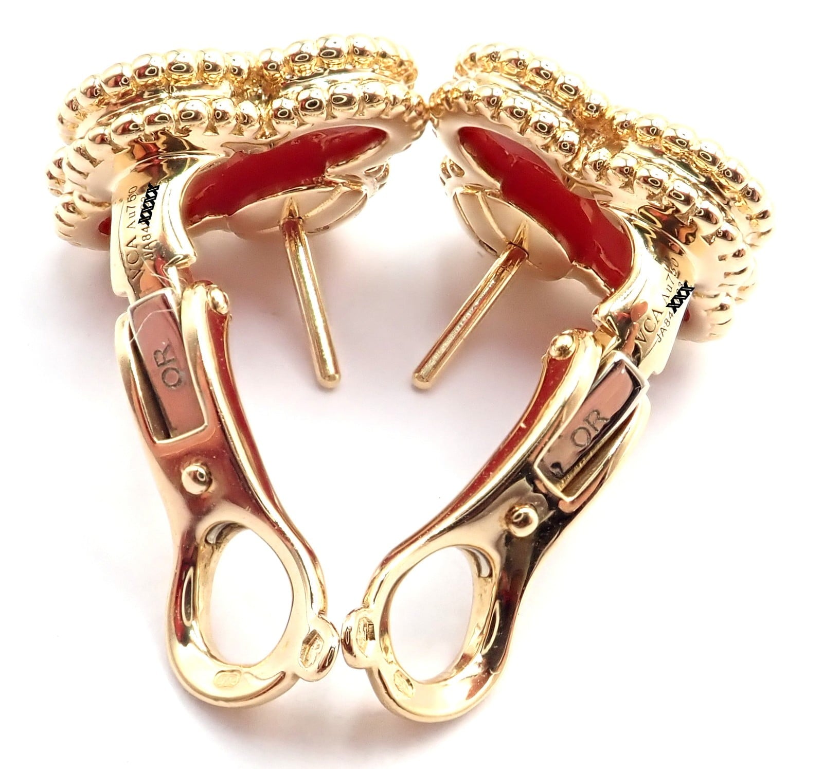 Van Cleef & Arpels Vintage Alhambra 18k Yellow Gold Red Agate Earrings Cert. | Fortrove