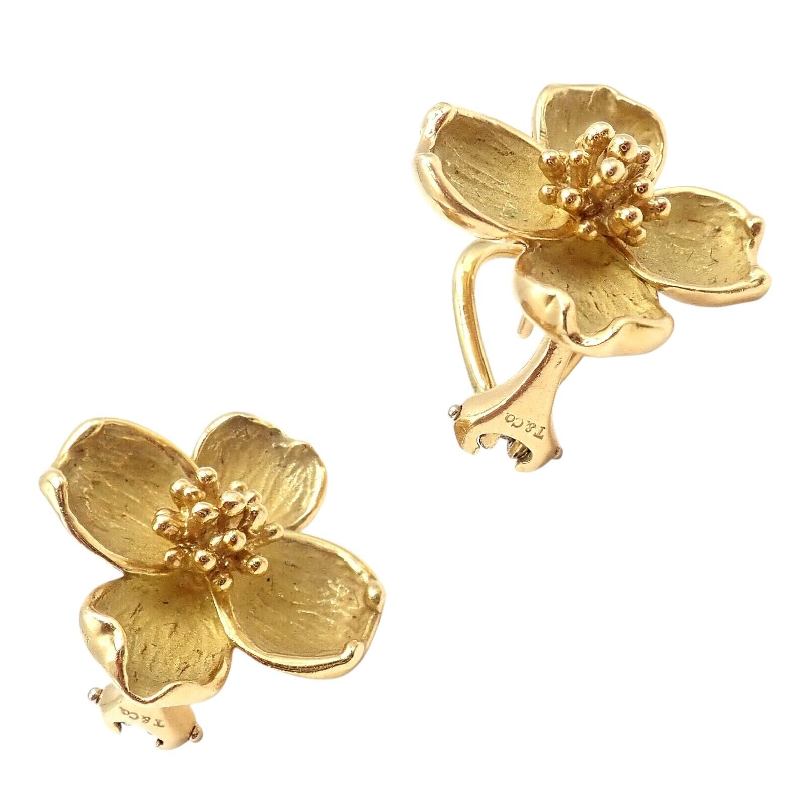 Authentic! Vintage Tiffany & Co 18K Yellow Gold Dogwood Flower Earrings | Fortrove