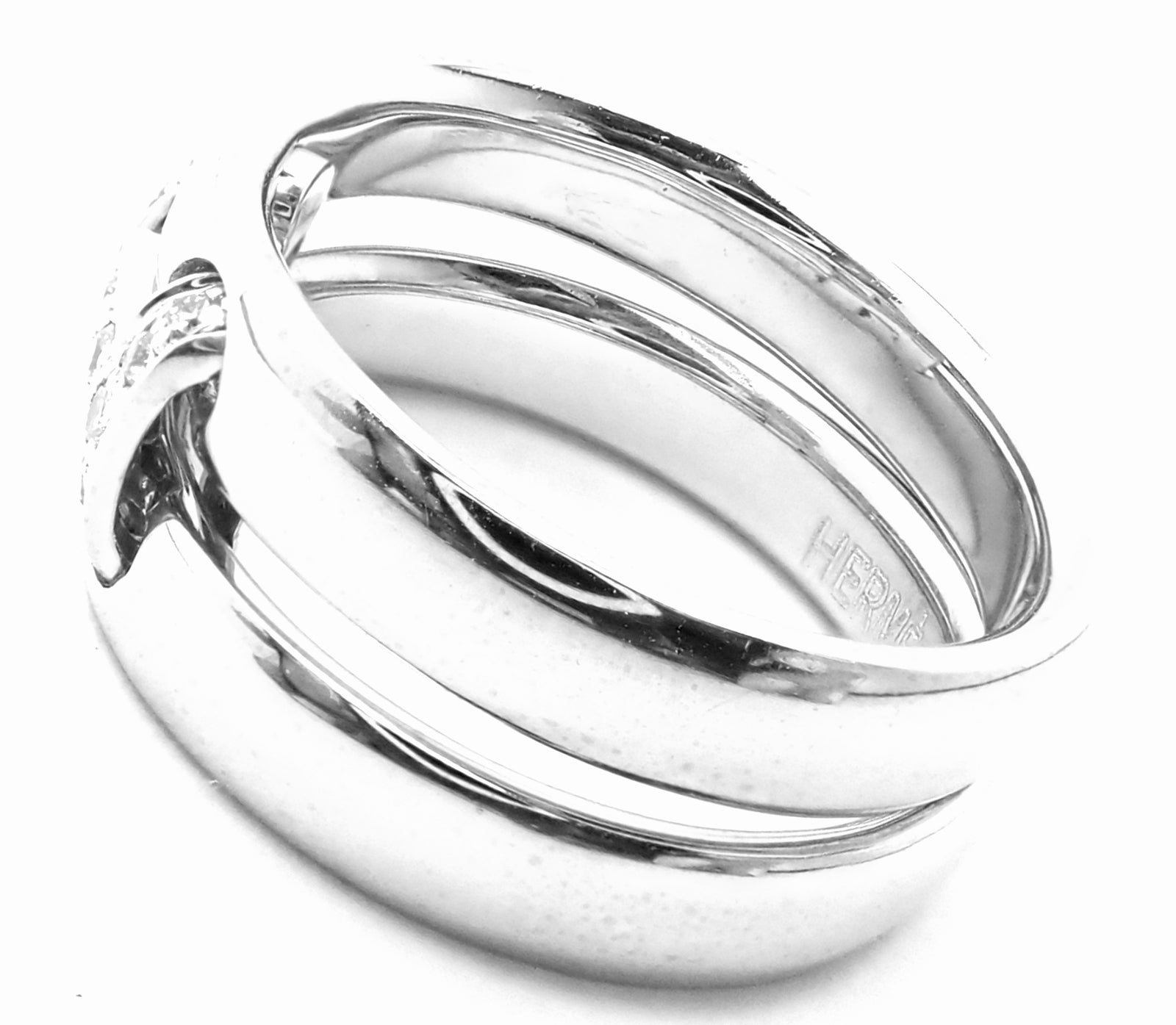 Authentic! Hermes 18k White Gold Diamond H Double Band Flex Band Ring | Fortrove