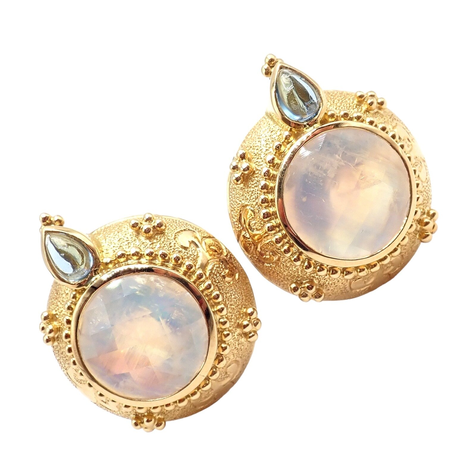 Rare! Vintage Paula Crevoshay 18k Gold Aquamarine Moonstone Round Earrings OOAK | Fortrove