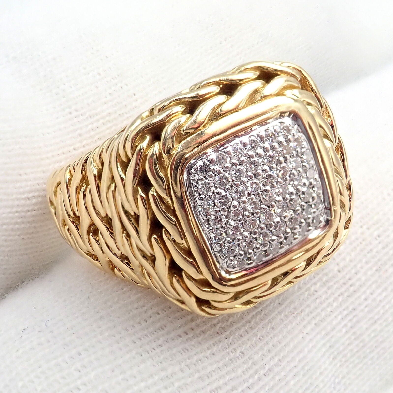 Authentic! John Hardy JH 18k Yellow Gold Diamond Square Signet Signature Ring | Fortrove