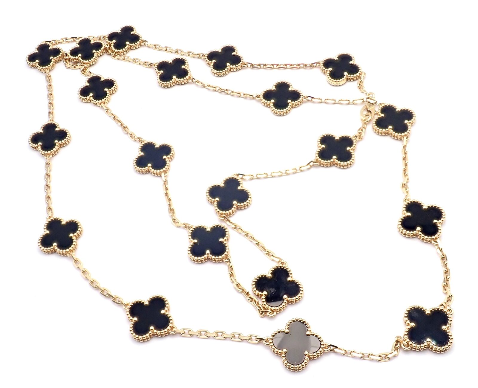 Authentic! Van Cleef & Arpels 18k Gold 20 Motif Black Onyx Alhambra Necklace | Fortrove