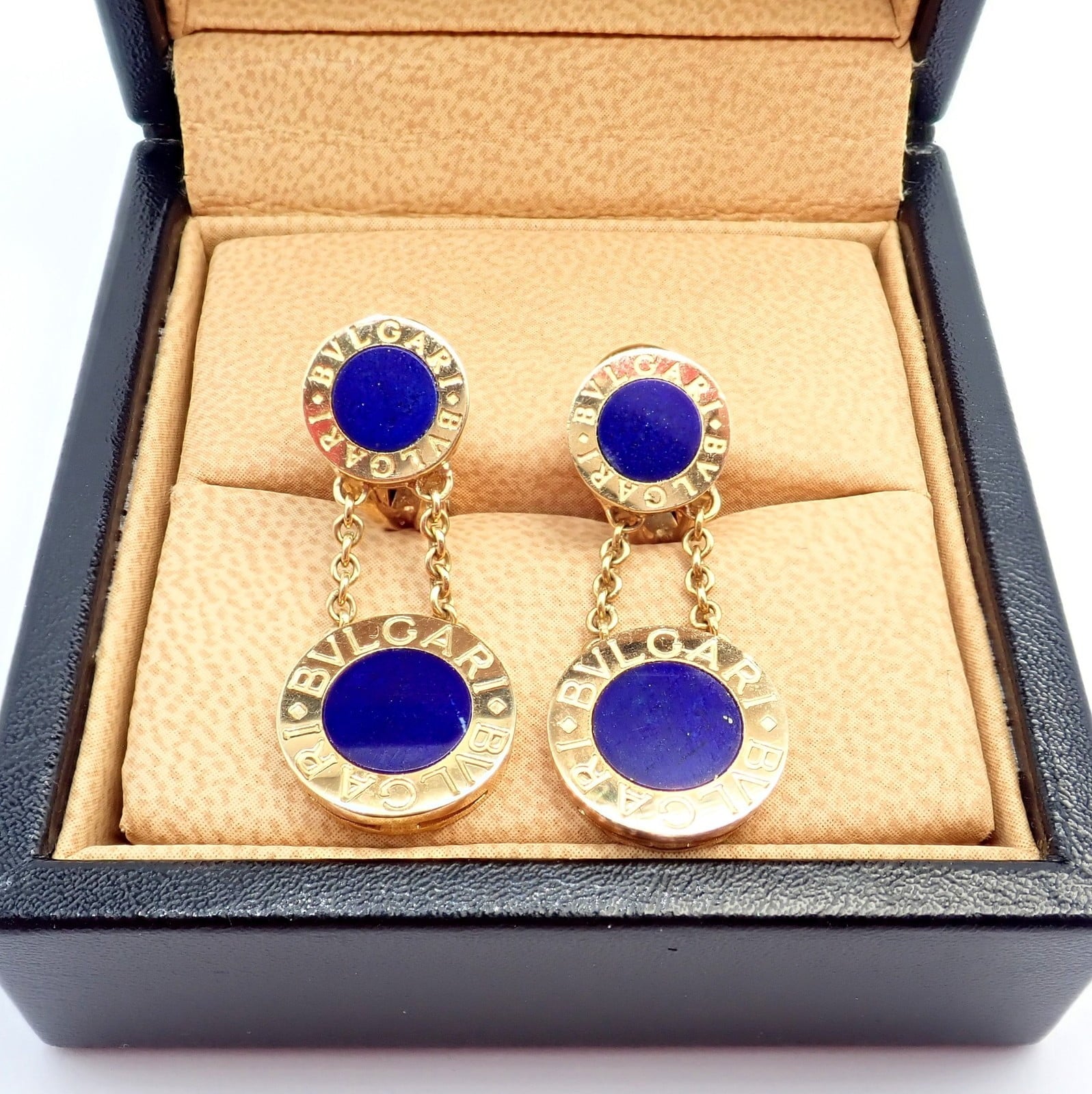 Bulgari Jewelry & Watches:Fine Jewelry:Earrings Rare! Authentic Bvlgari Bulgari 18k Yellow Gold Lapis Disc Double Logo Earrings