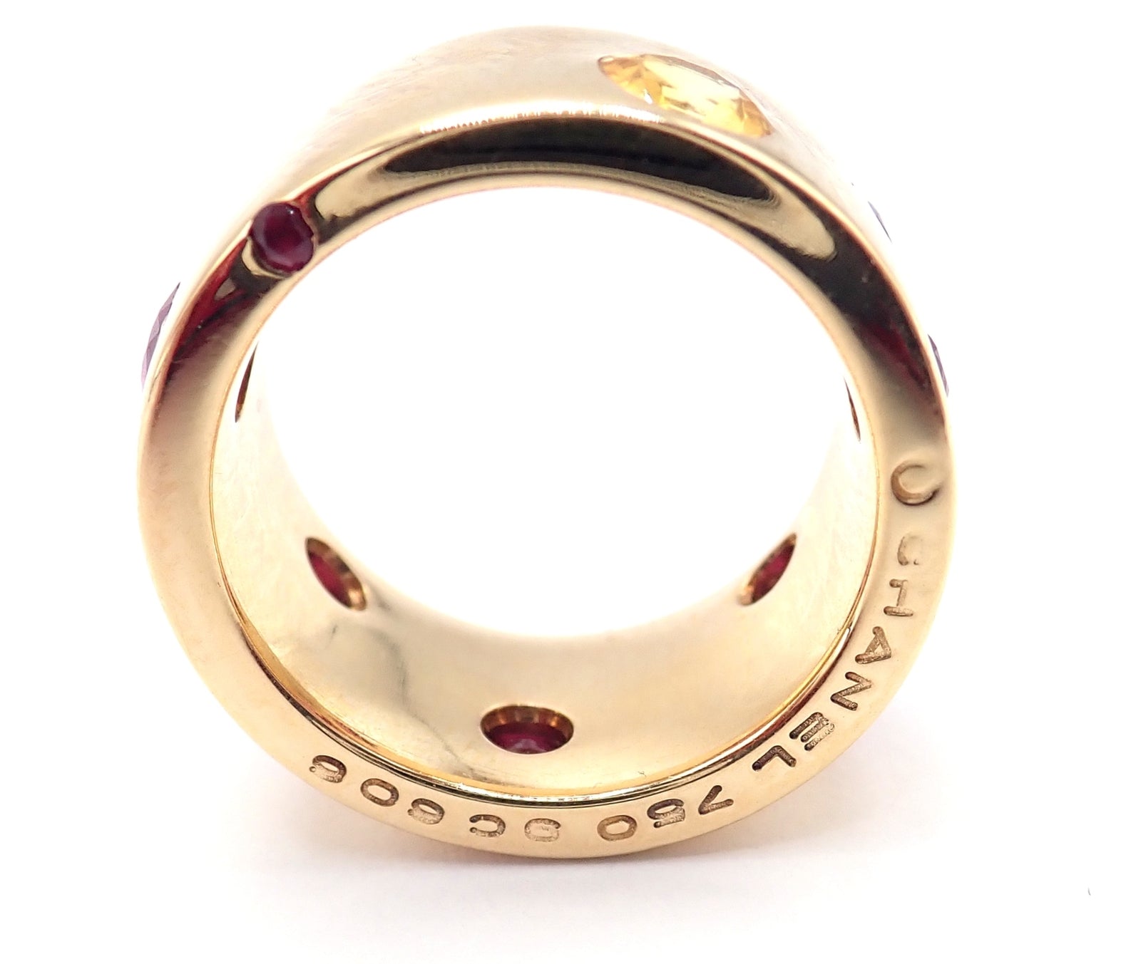 Authentic! Chanel 18k Yellow Gold Ruby Yellow Sapphire Wide Band Ring Size 5 | Fortrove