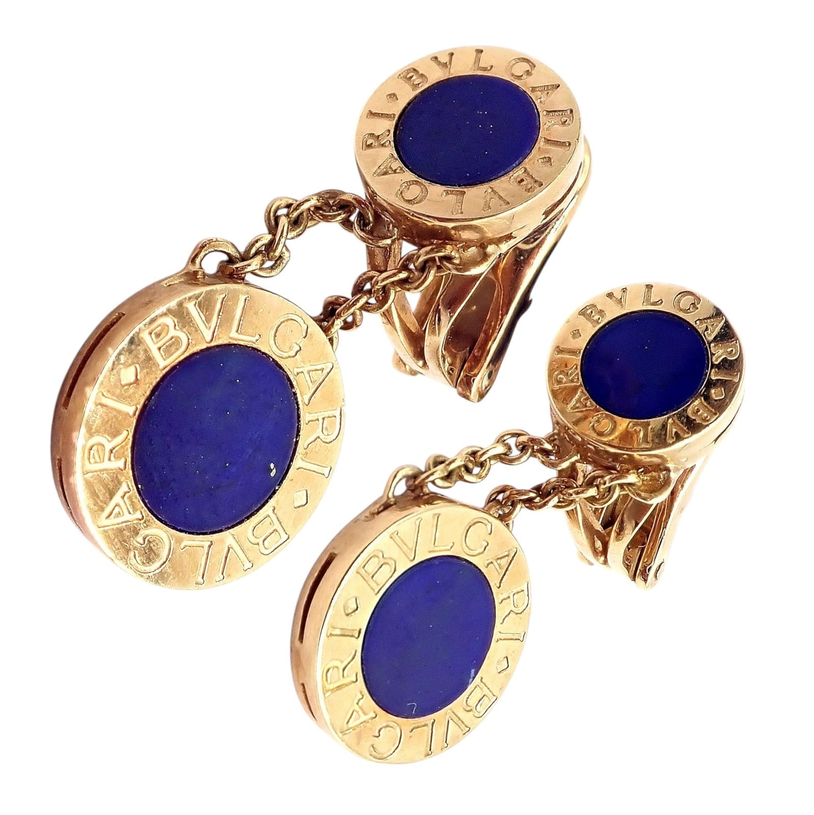 Bulgari Jewelry & Watches:Fine Jewelry:Earrings Rare! Authentic Bvlgari Bulgari 18k Yellow Gold Lapis Disc Double Logo Earrings