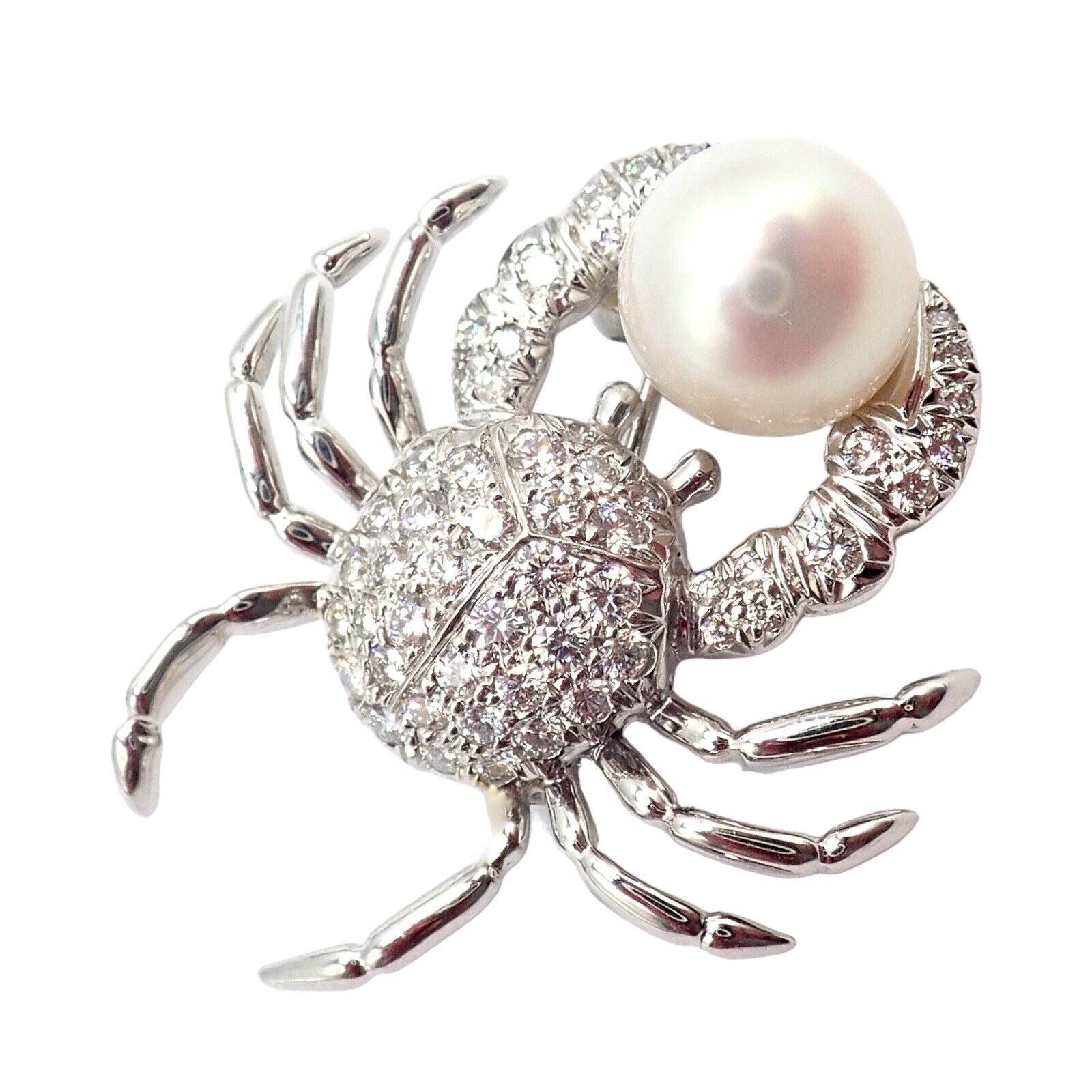 Rare! Authentic Tiffany & Co Platinum Crab 1.50ct Diamond 9mm Pearl Pin Brooch | Fortrove