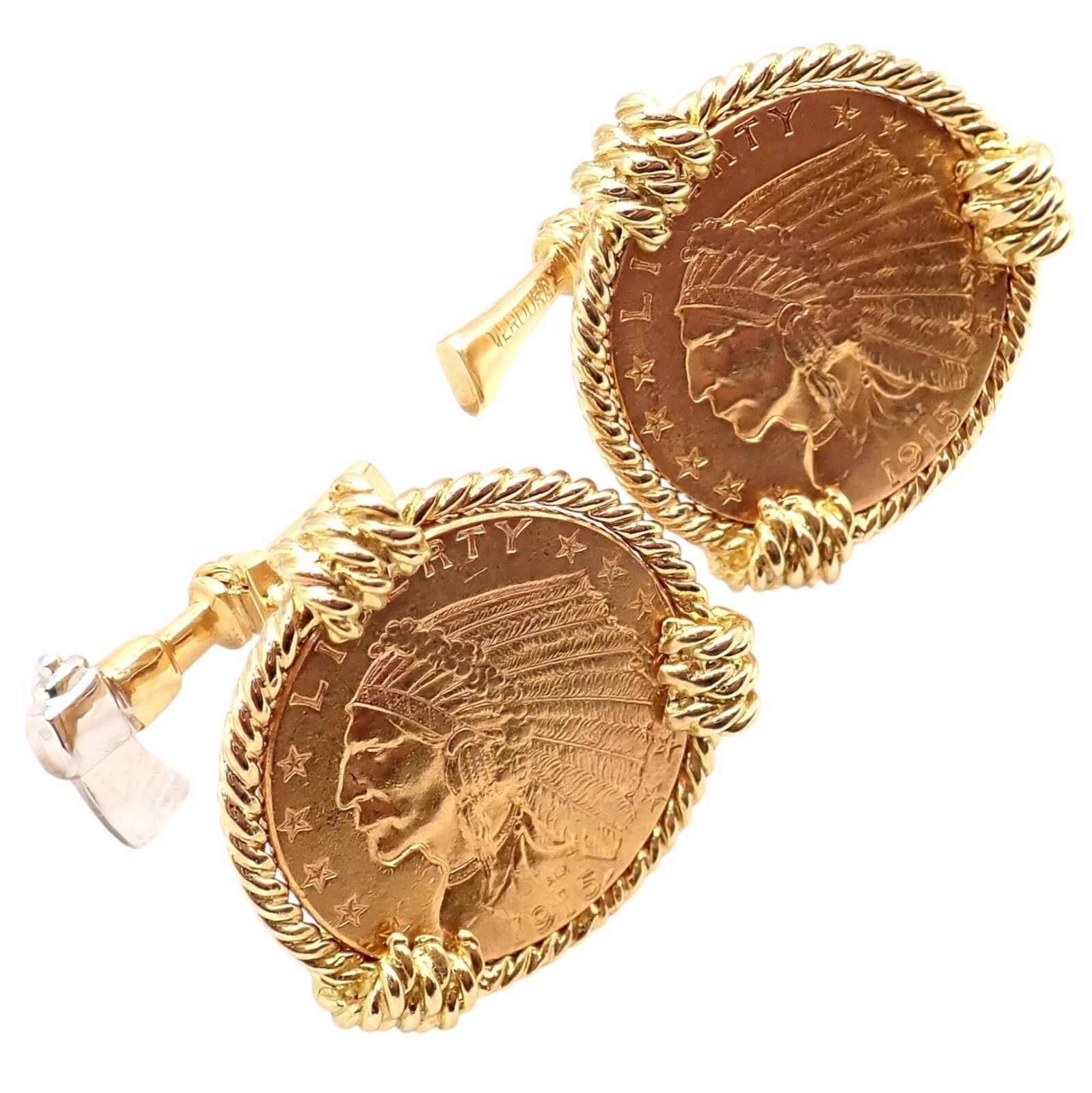 Verdura Five Buck 18k & 22k Yellow + White Gold Indian Head Coin Cufflinks | Fortrove