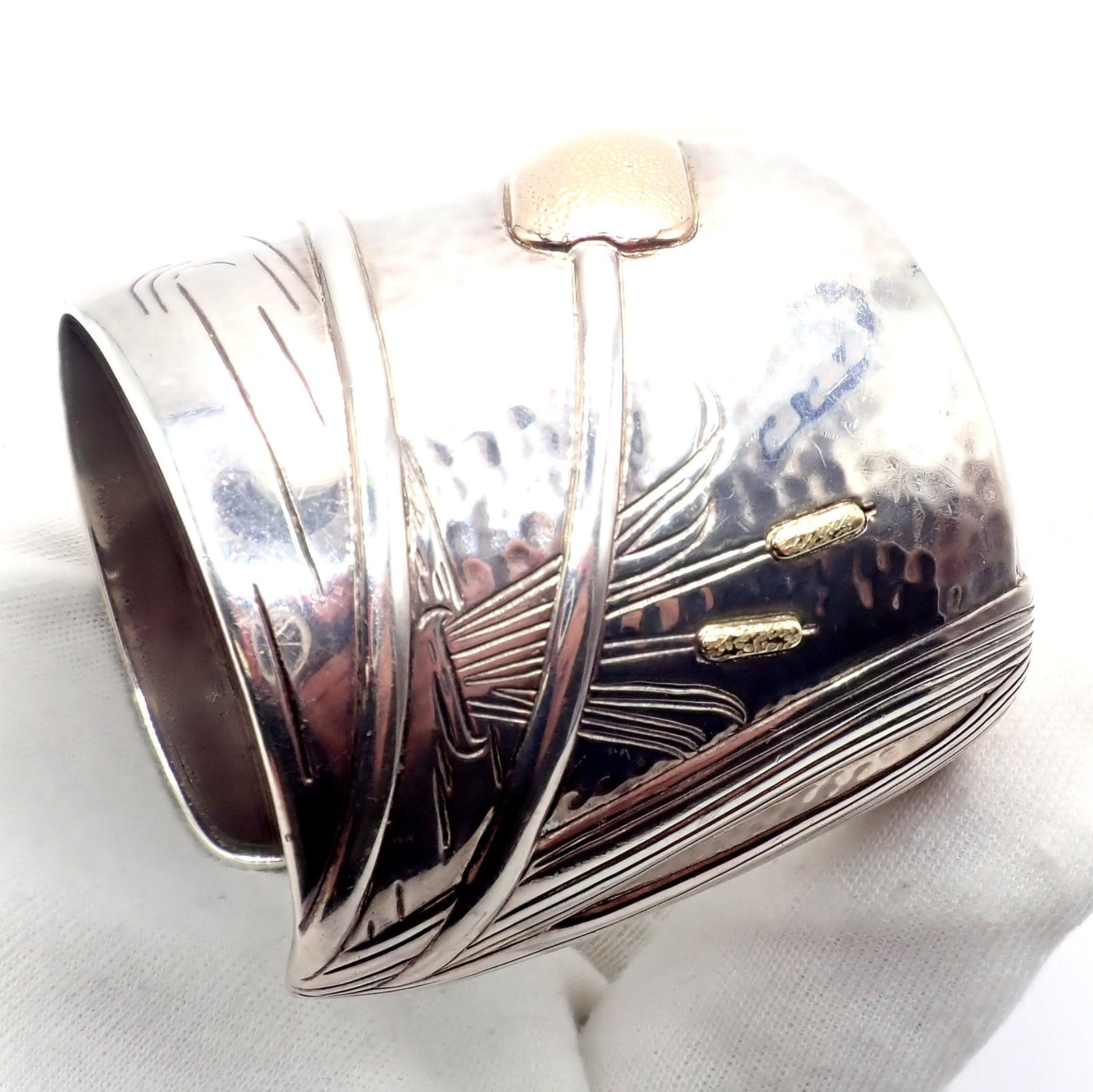 Vintage Tiffany & Co 18k Yellow Gold Silver Cattail Nature Cuff Bracelet 2001 | Fortrove