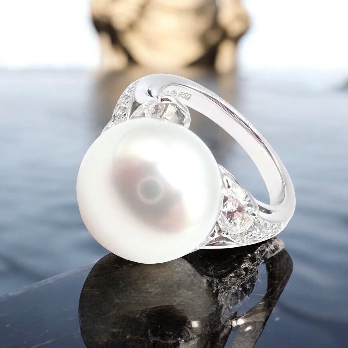 Rare! Authentic Mikimoto Platinum Diamond Large 12.5mm South Sea Pearl Ring | Fortrove