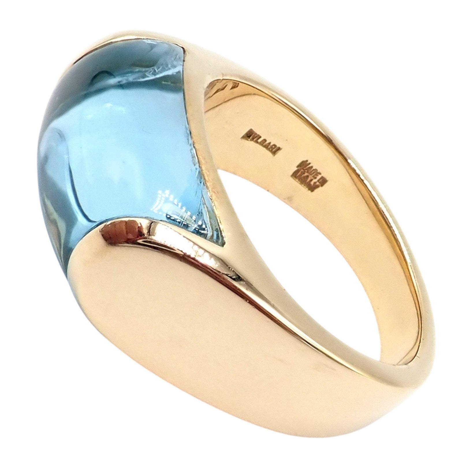 Authentic Bulgari Bvlgari Tronchetto 18k Yellow Gold Blue Topaz Ring sz 5.5 | Fortrove