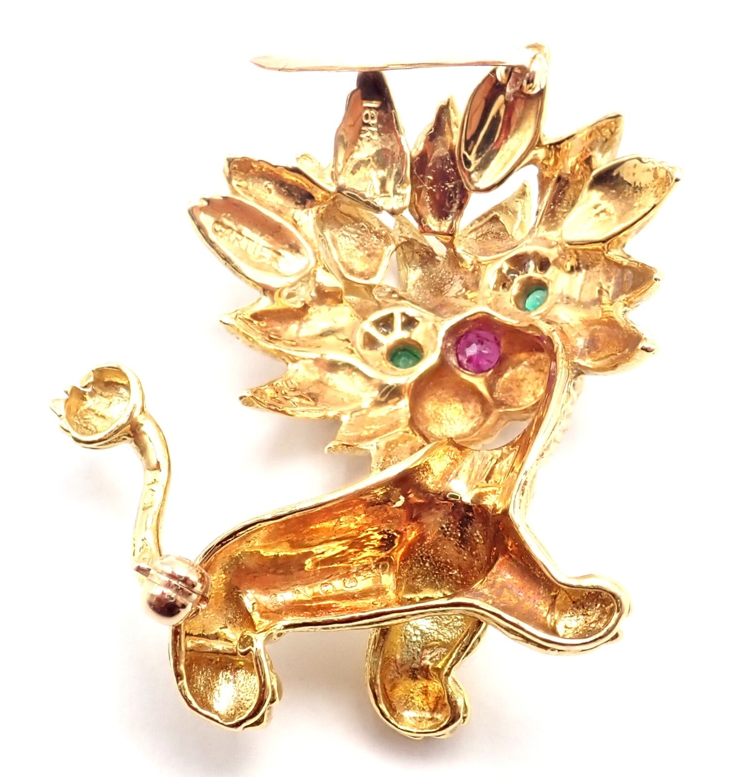 Authentic! Cartier Whimsical Dragon Lion 18k Yellow Gold Diamond Ruby Pin Brooch | Fortrove