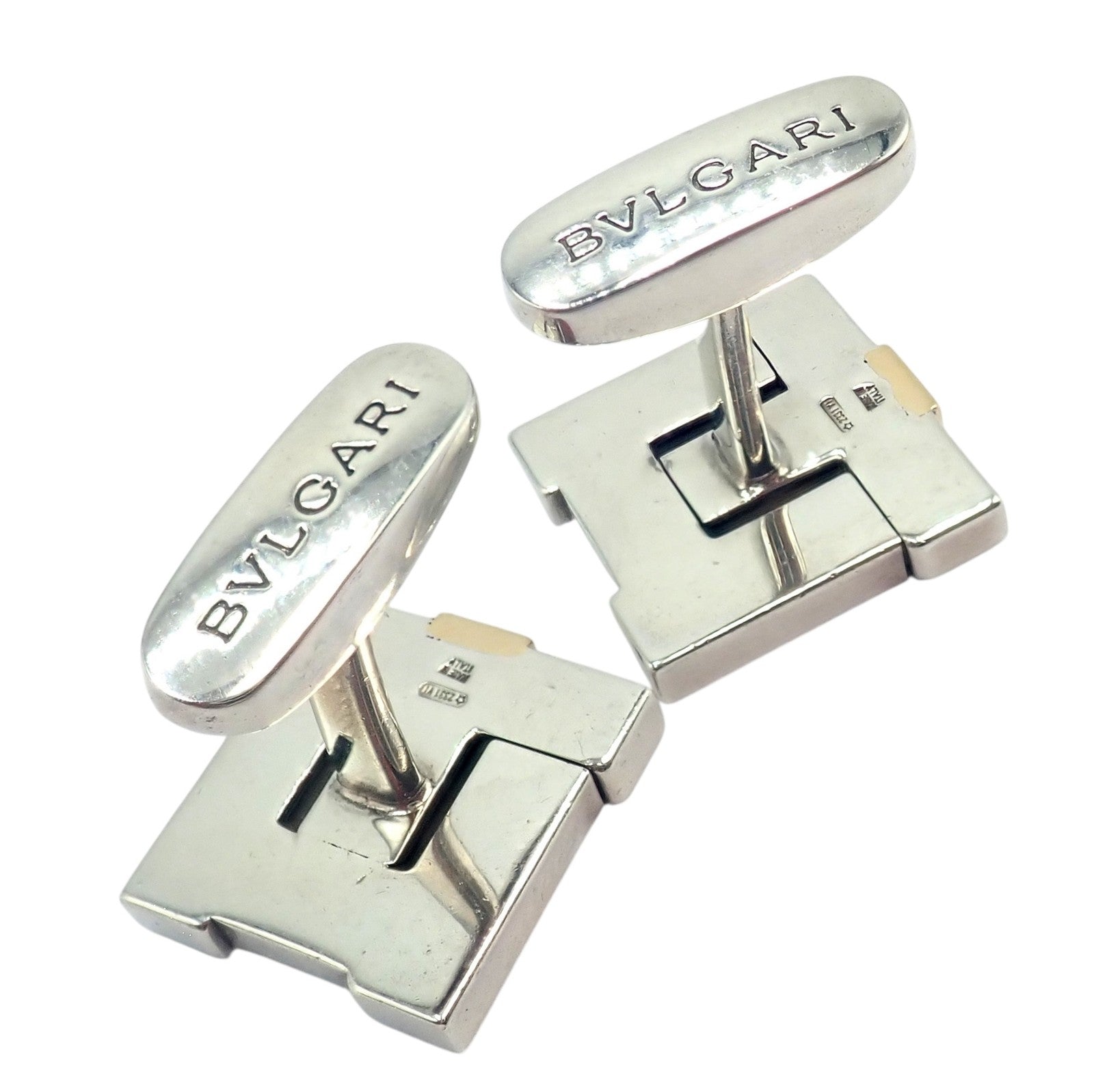 Authentic! Bulgari Bvlgari 18k Yellow Gold + Sterling Silver Square Cufflinks | Fortrove