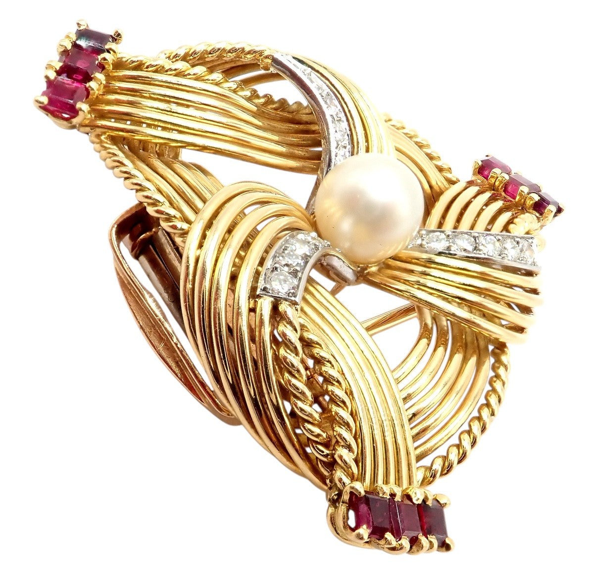 Vintage Cartier 18k Yellow Gold Diamond Ruby Pearl Pin Brooch 1960s | Fortrove