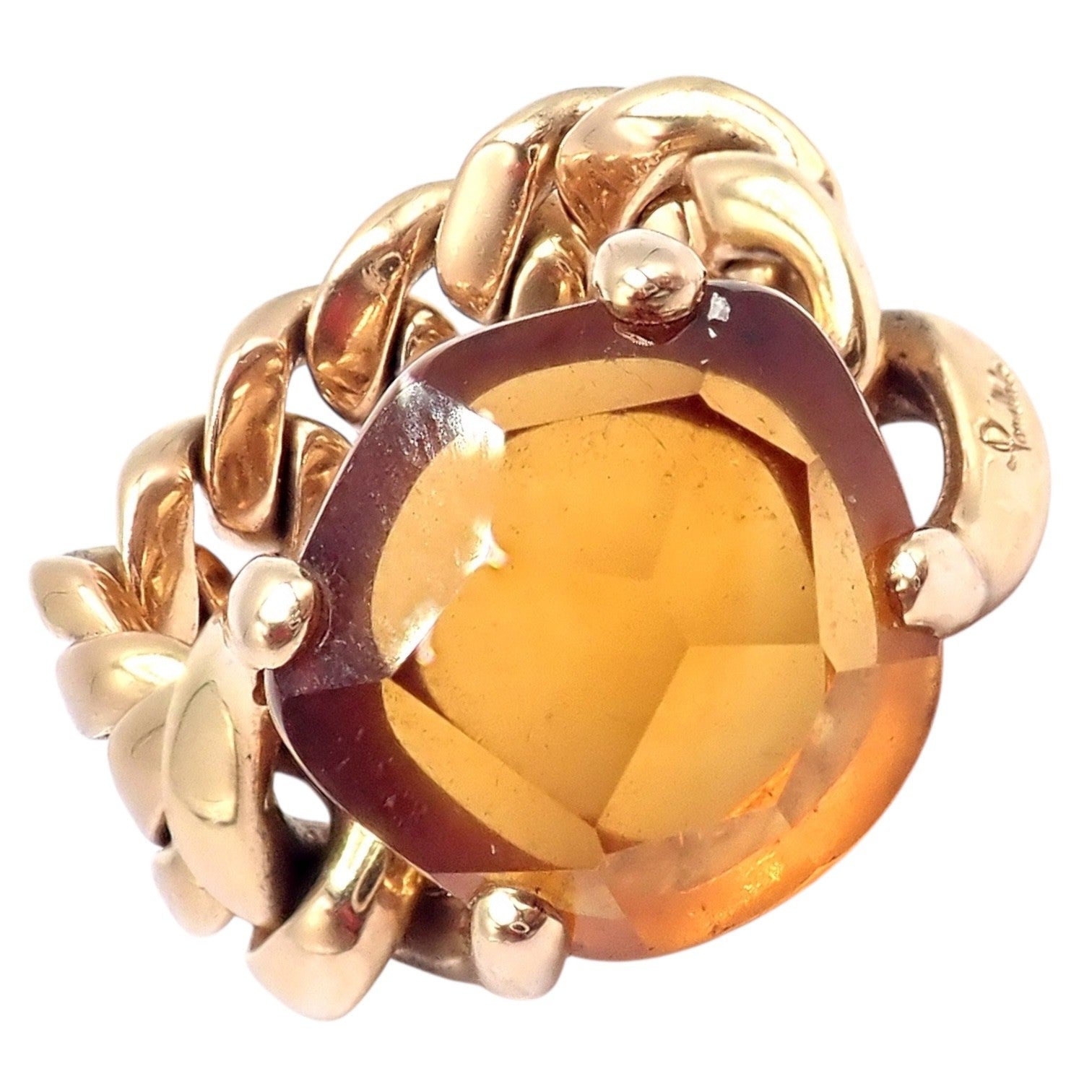 Authentic! Pomellato 18k Yellow Gold Lola Madiera Curb Link Citrine Ring Sz 5 | Fortrove