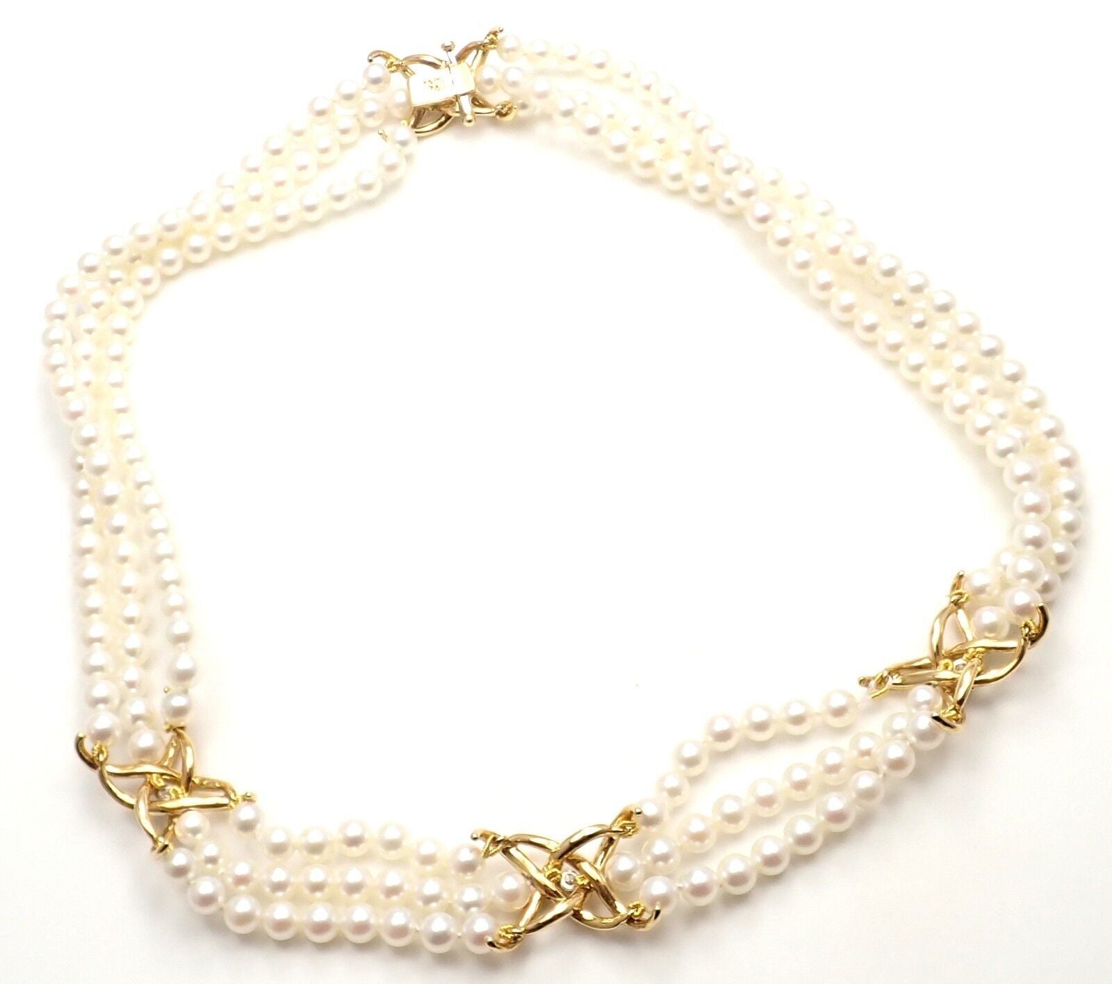 Authentic! Tiffany & Co 18k Yellow Gold Diamond 3 Strand Pearl Necklace | Fortrove