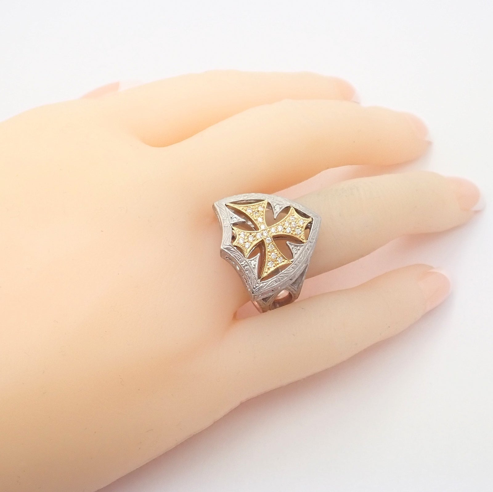 Authentic Loree Rodkin 18k White Yellow Gold Diamond Cross Shield Crest Ring | Fortrove