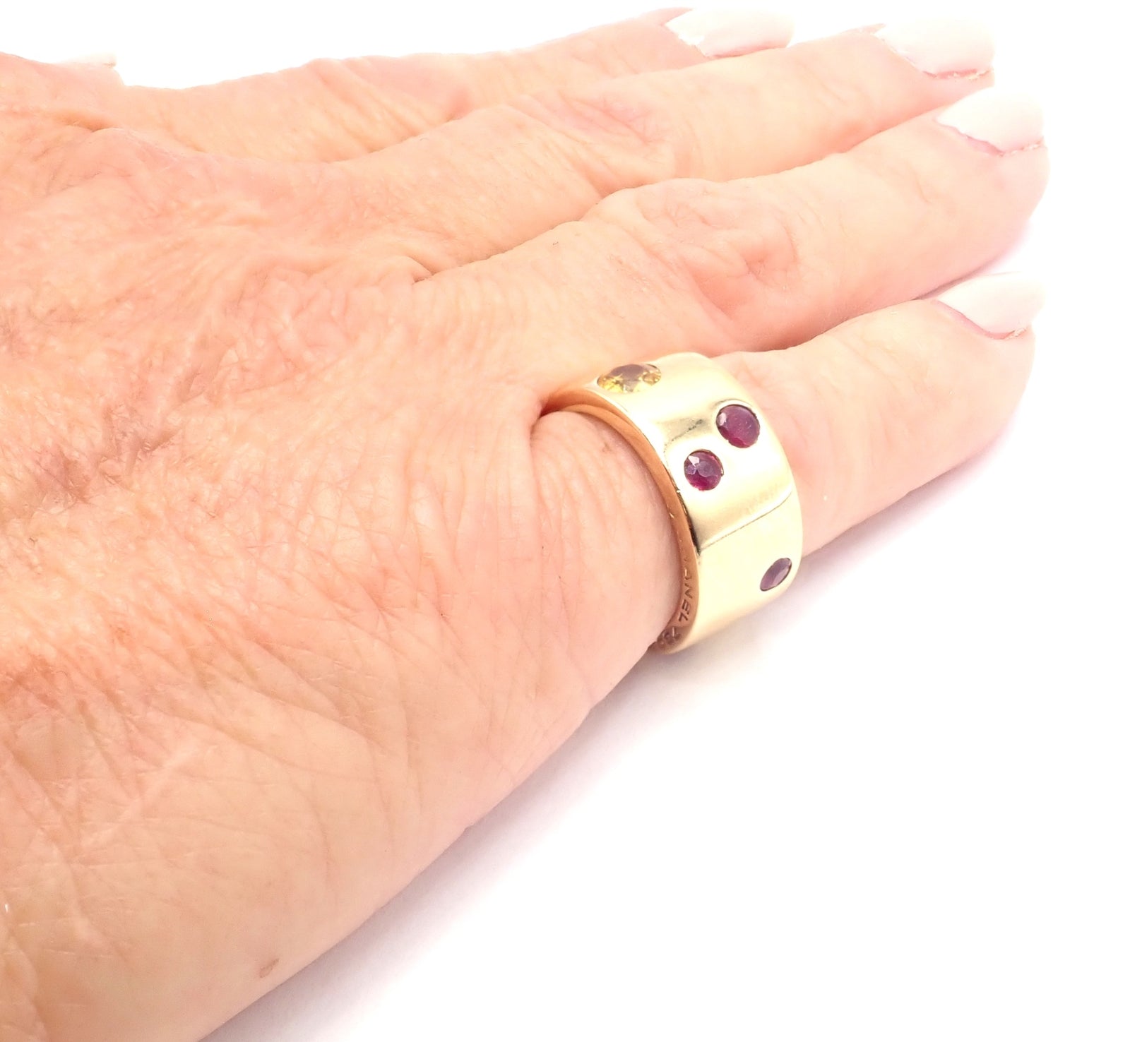 Authentic! Chanel 18k Yellow Gold Ruby Yellow Sapphire Wide Band Ring Size 5 | Fortrove