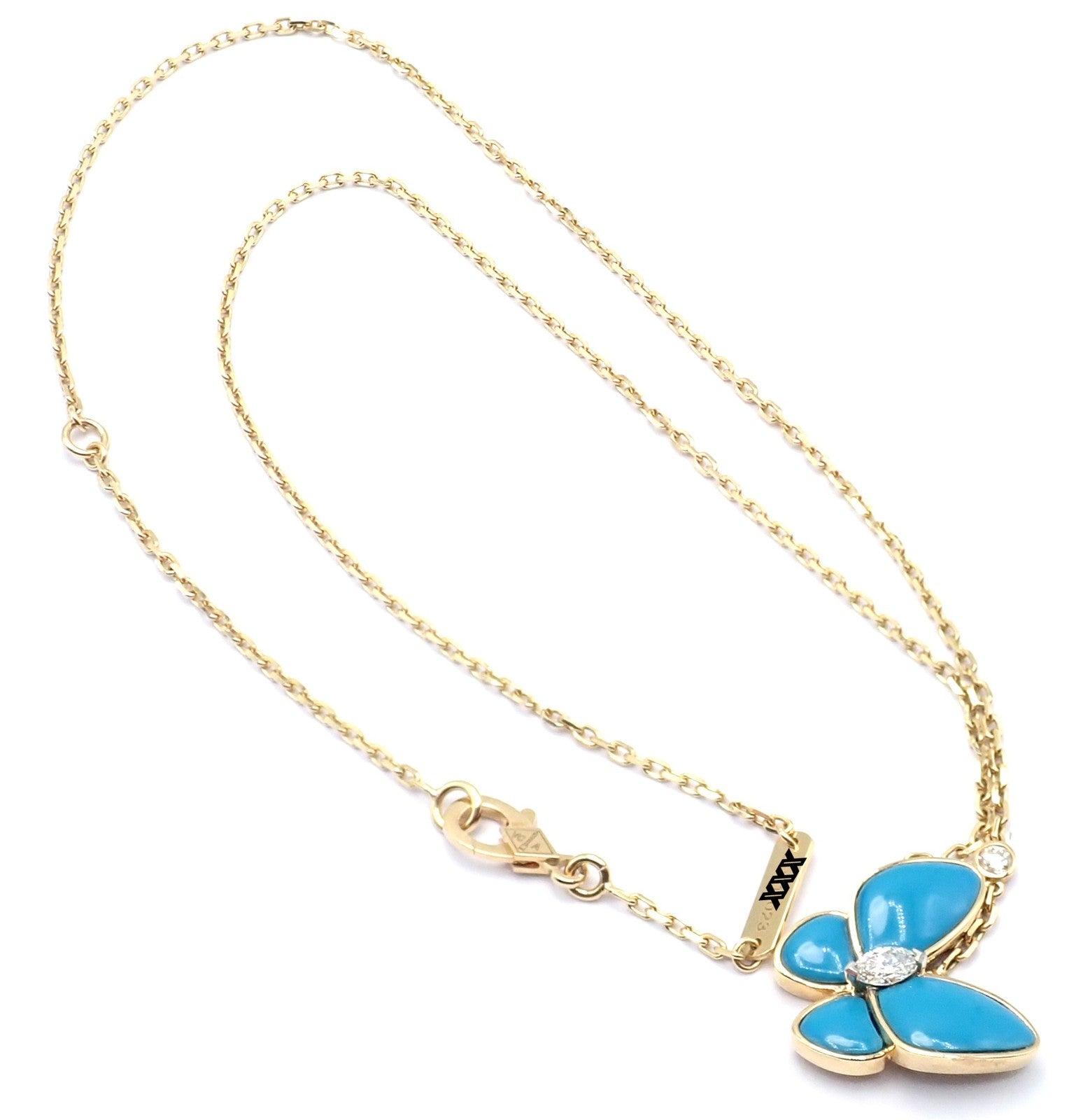 Van Cleef & Arpels 18k Gold Diamond Turquoise Butterfly Pendant Necklace Cert. | Fortrove