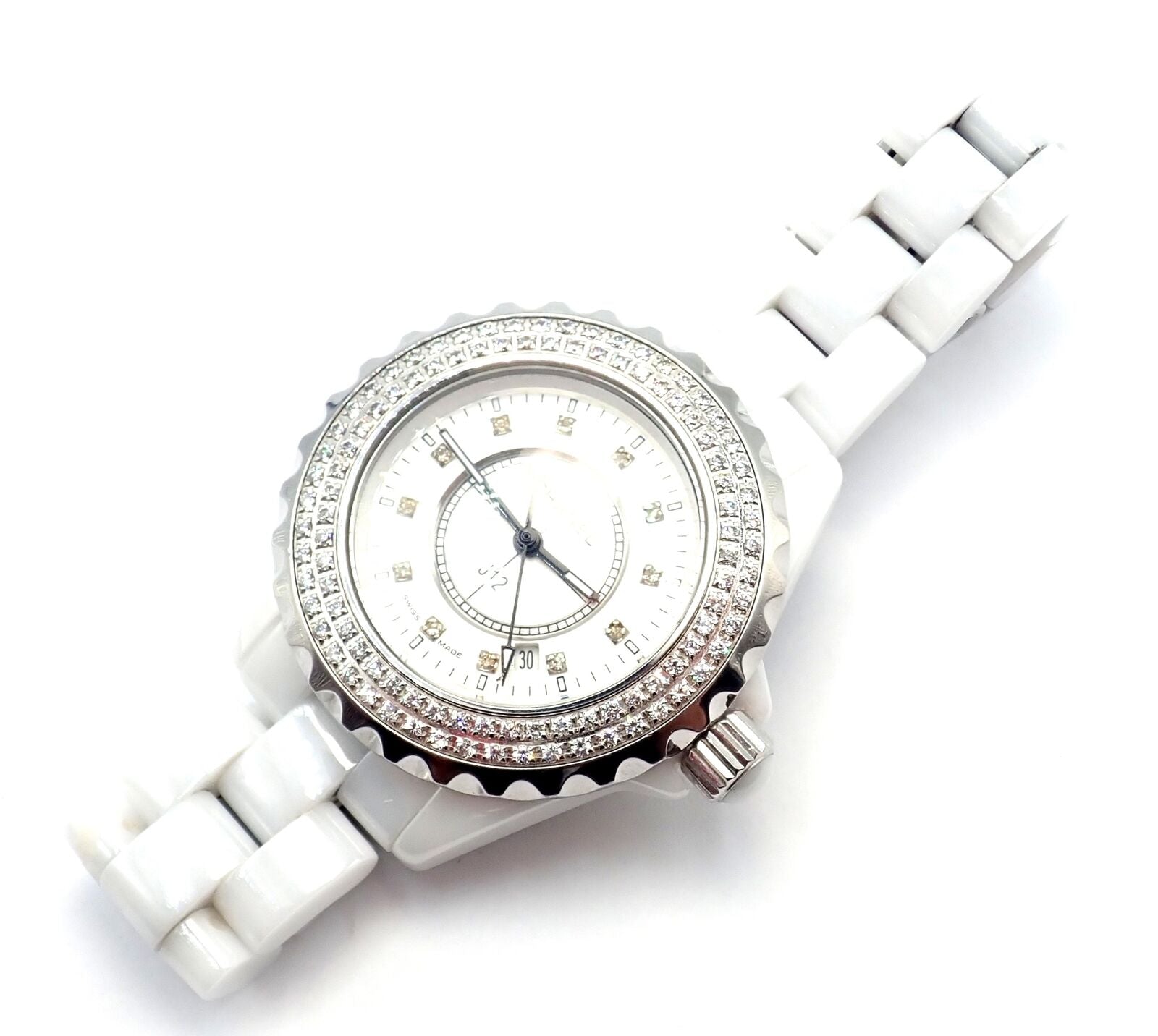 CHANEL Jewelry & Watches:Watches, Parts & Accessories:Watches:Wristwatches Authentic! Chanel J12 White Ceramic 33mm Automatic Diamond Watch DN23788