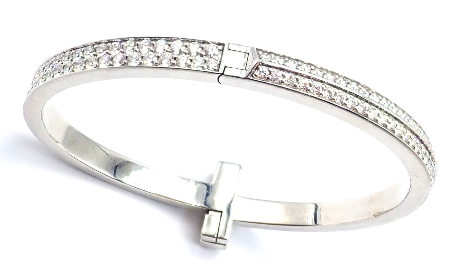 Authentic! Tiffany & Co 18k White Gold Diamond T1 Wide Hinged Bangle Bracelet | Fortrove