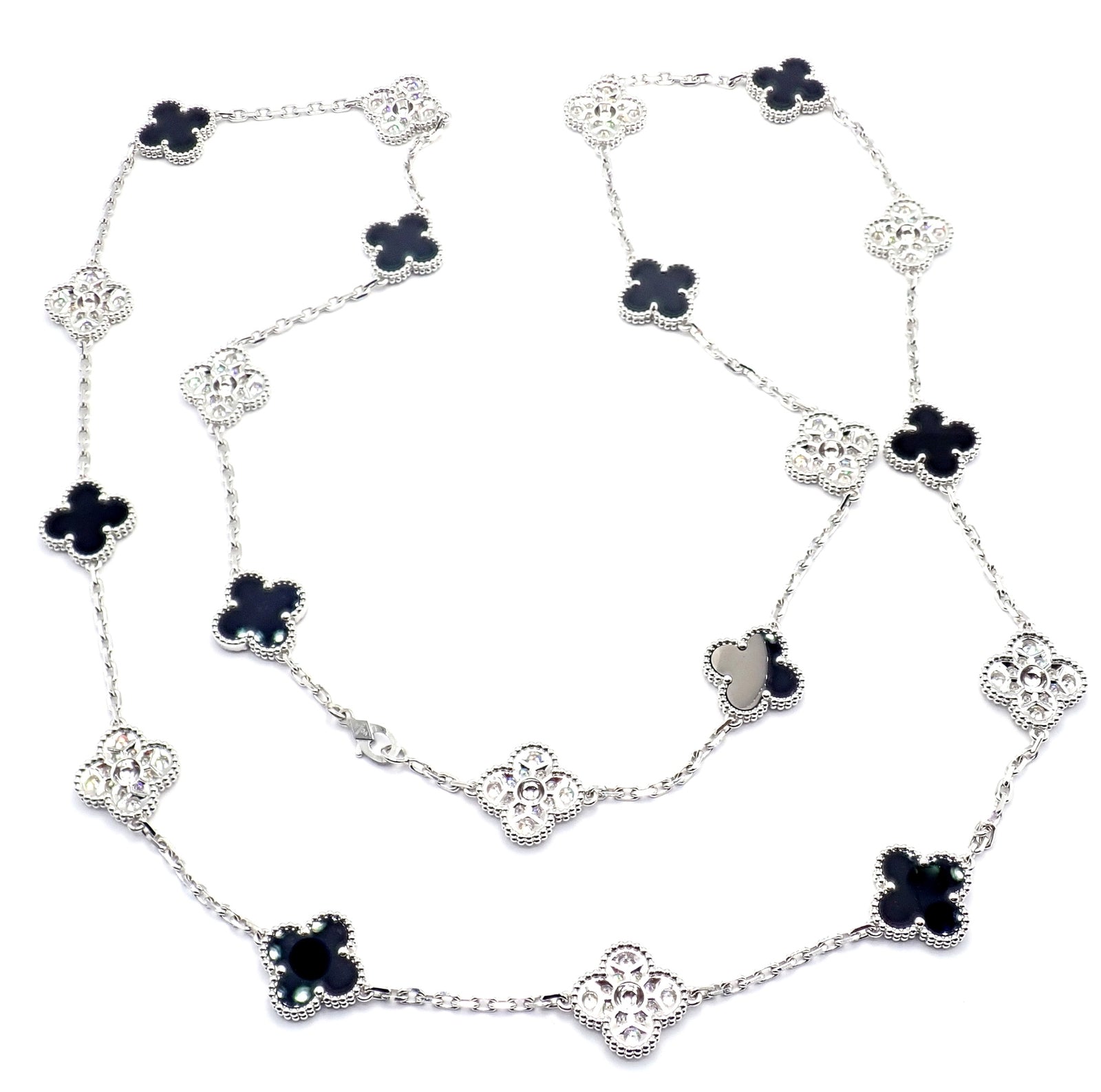 Van Cleef & Arpels 18k Gold 20 Motif Vintage Alhambra Diamond Onyx Necklace Cert | Fortrove
