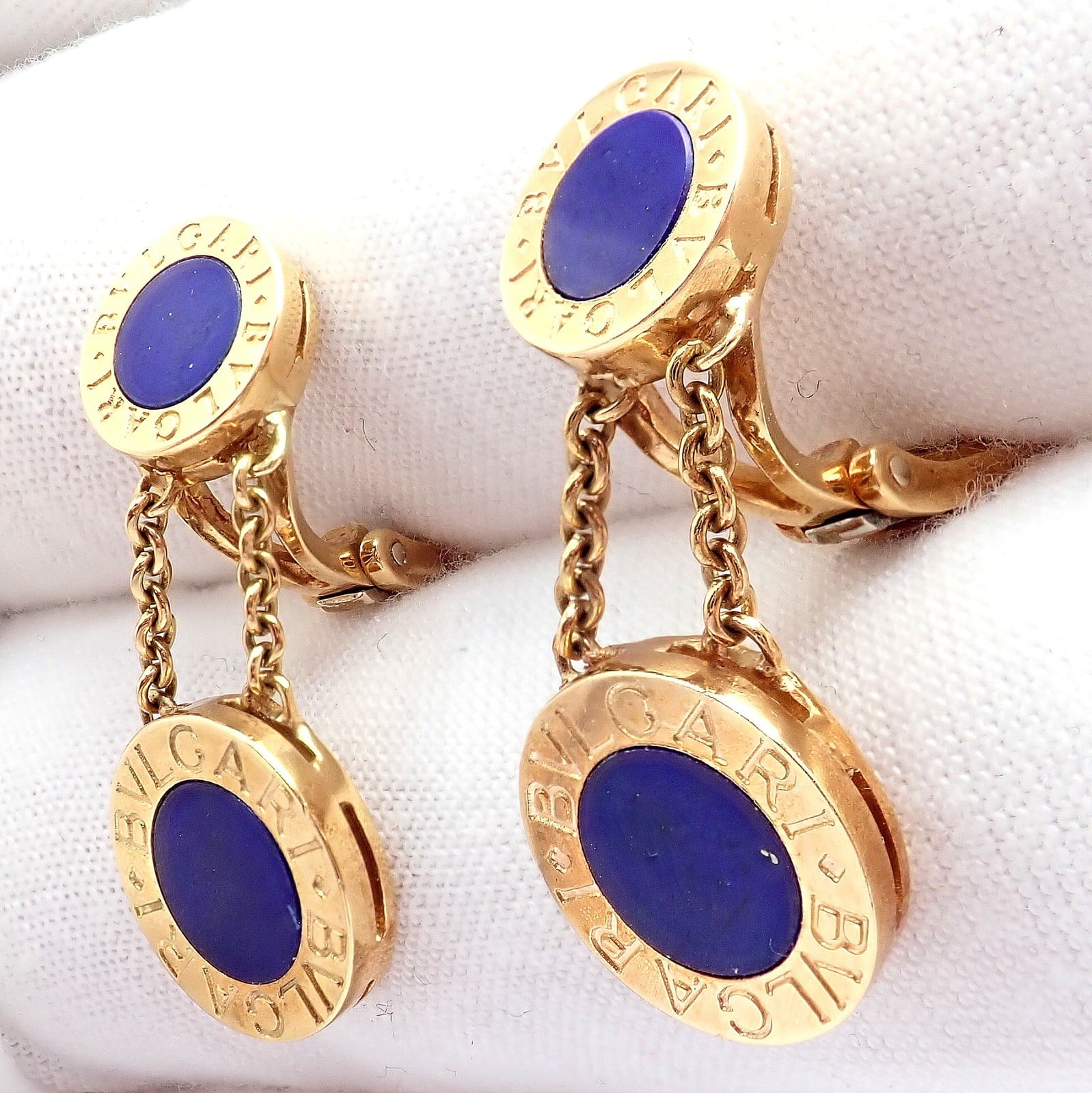 Bulgari Jewelry & Watches:Fine Jewelry:Earrings Rare! Authentic Bvlgari Bulgari 18k Yellow Gold Lapis Disc Double Logo Earrings