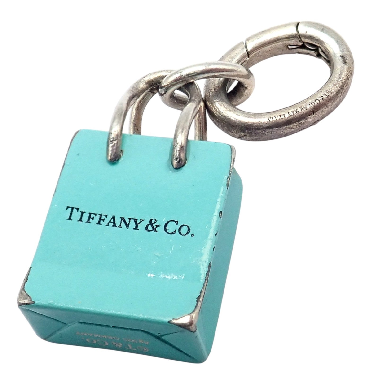 Tiffany & Co. Enamel Shopping Bag Silver Charm Pendant + Oval Jump