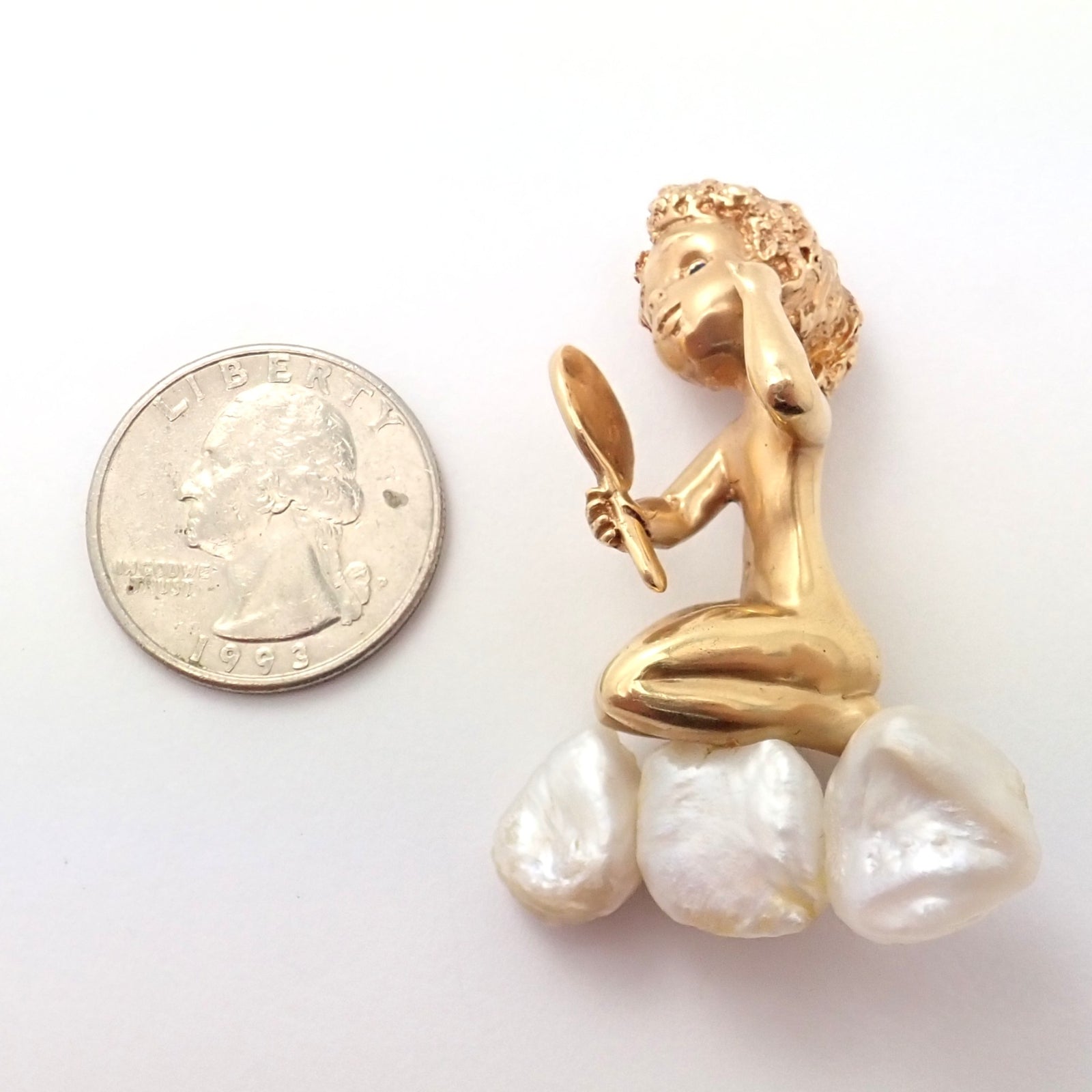 Rare Large Ruser 14k Yellow Gold Sapphire Pearl Mondays Child Pin Brooch | Fortrove
