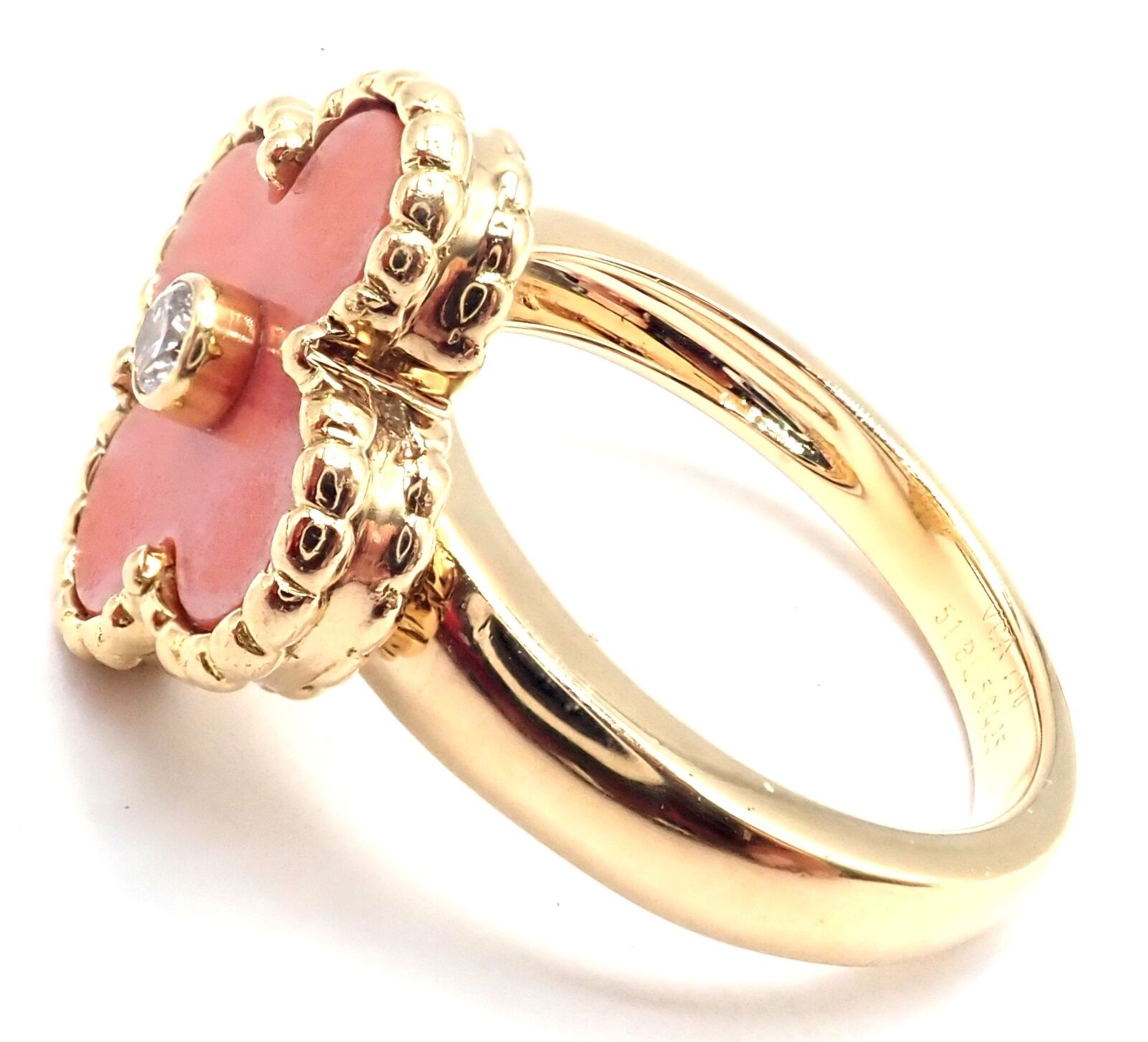 Authentic! Van Cleef & Arpels Alhambra 18k Yellow Gold Coral Diamond Ring Paper | Fortrove