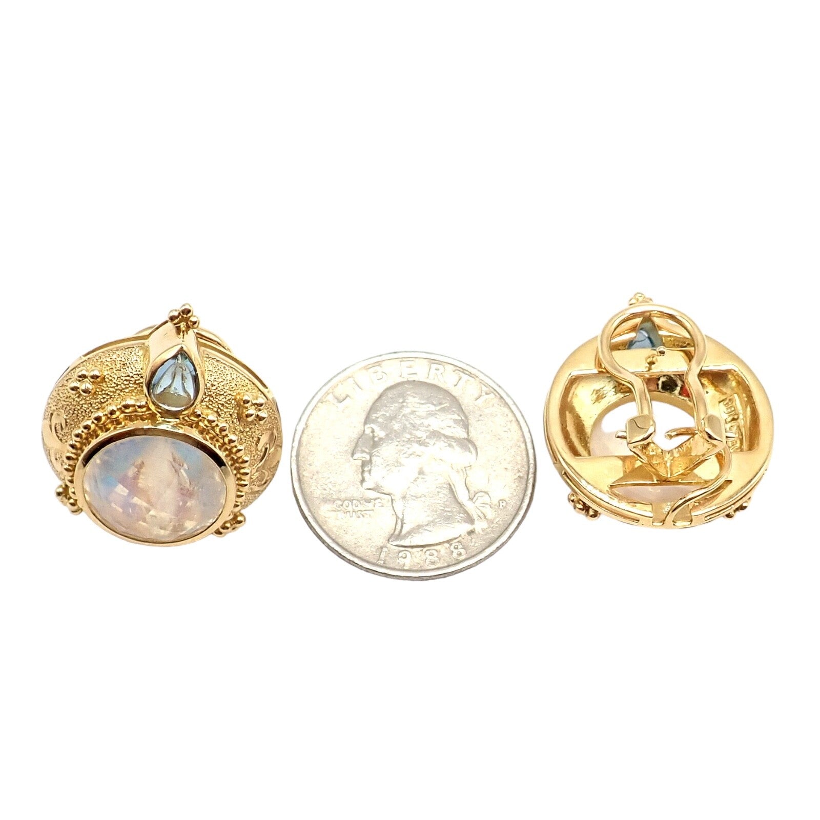 Rare! Vintage Paula Crevoshay 18k Gold Aquamarine Moonstone Round Earrings OOAK | Fortrove