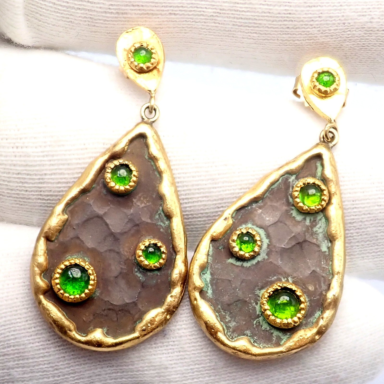 Rare! Victor Velyan 24k Yellow Gold + Silver Green Tourmaline Earrings | Fortrove