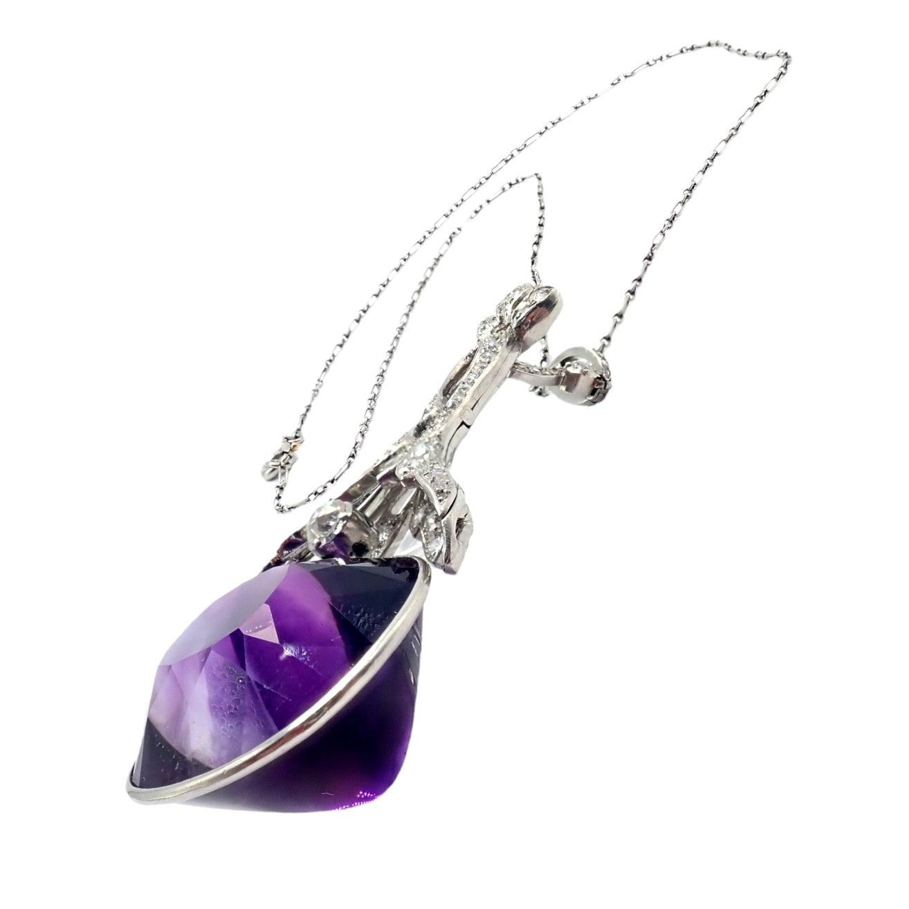Estate Jewelry & Watches:Fine Jewelry:Necklaces & Pendants Vintage Estate Platinum Diamond Large Amethyst Art Deco Necklace