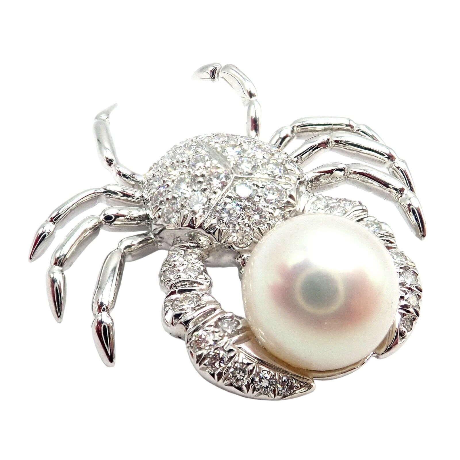 Rare! Authentic Tiffany & Co Platinum Crab 1.50ct Diamond 9mm Pearl Pin Brooch | Fortrove