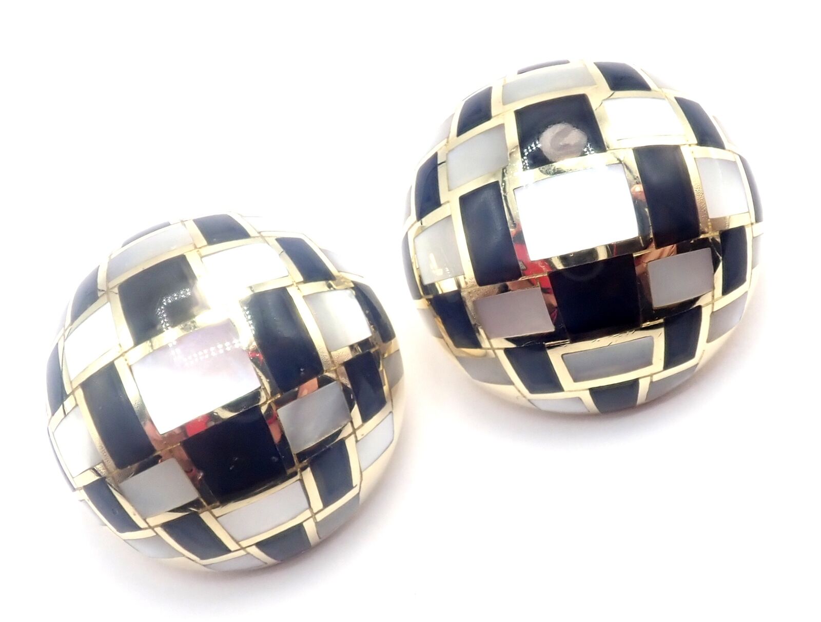 Tiffany & Co Cummings 18k Gold Mother of Pearl Black Jade Checkerboard Earrings | Fortrove