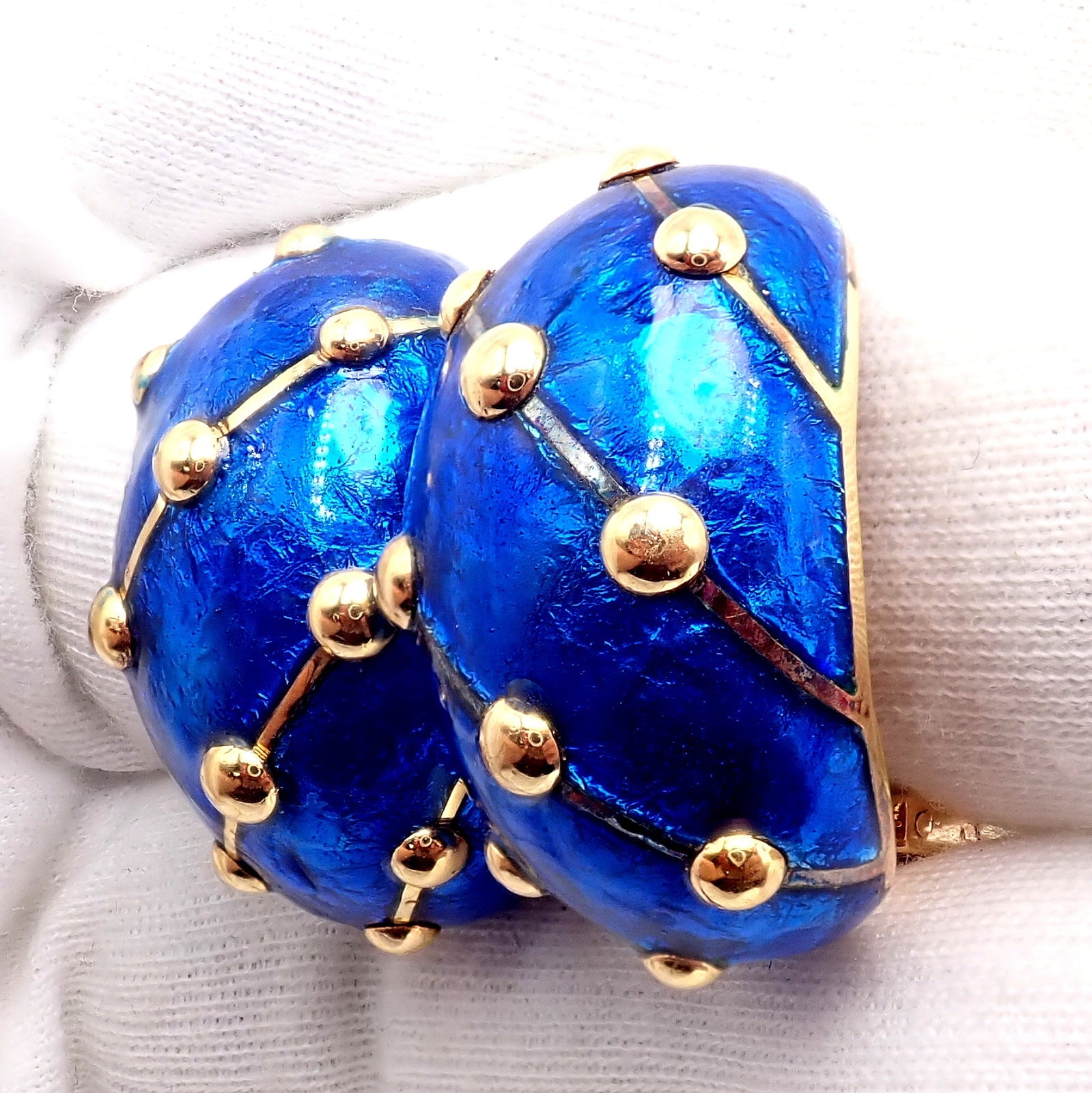 Tiffany & Co. Jewelry & Watches:Fine Jewelry:Earrings Rare Tiffany & Co Schlumberger 18k Yellow Gold Large Blue Enamel Banana Earrings