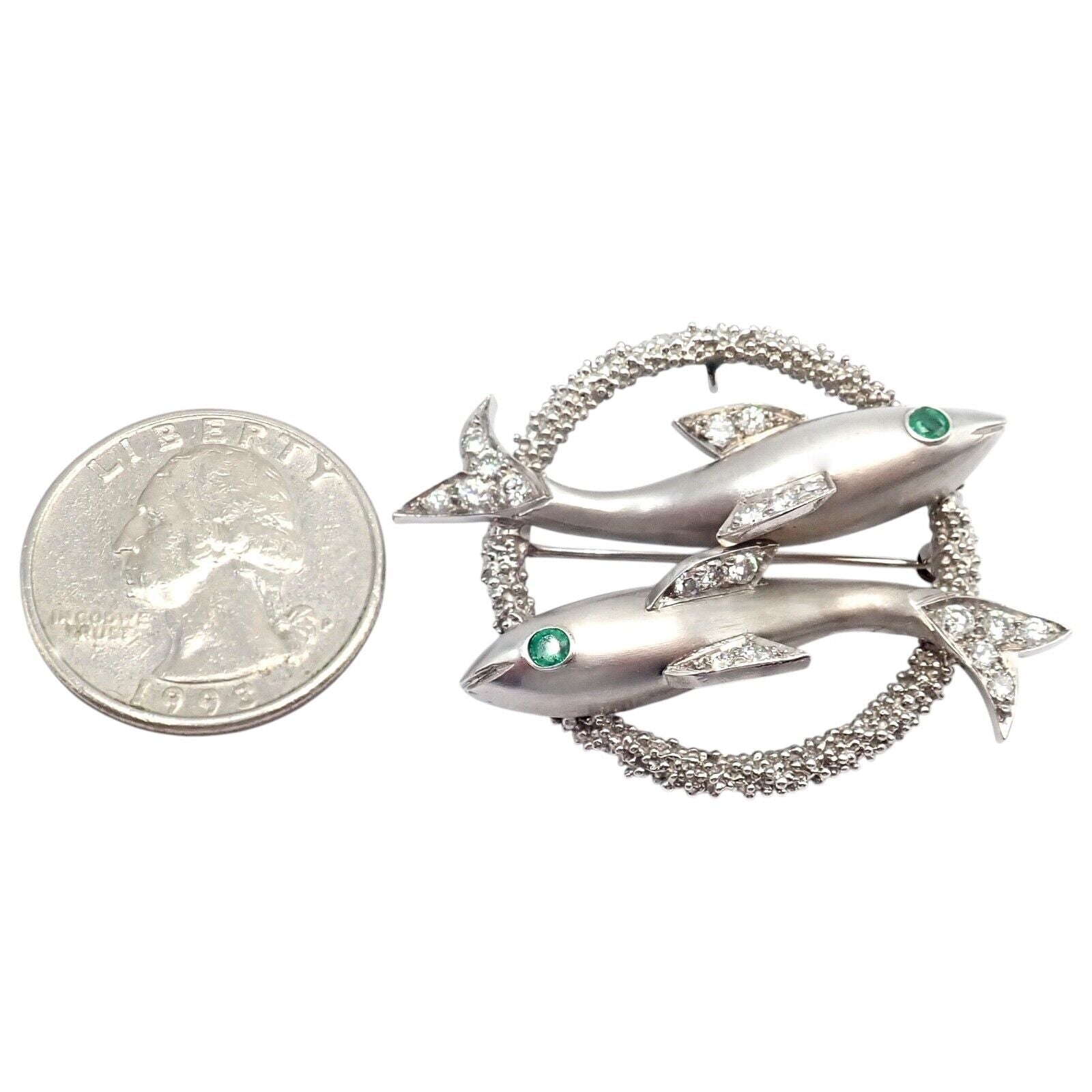 Cartier 18k White Gold Platinum Diamond Emerald Zodiac Pisces Fish Brooch Pin | Fortrove