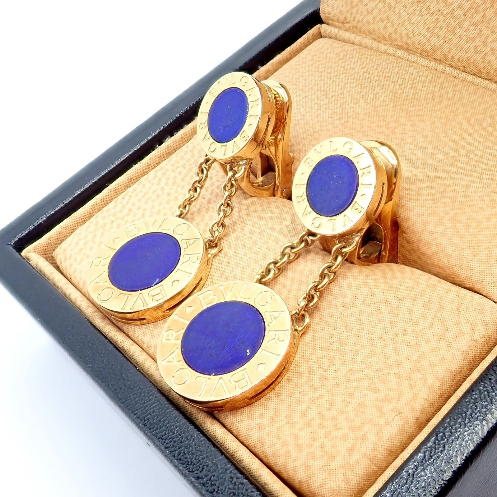 Bulgari Jewelry & Watches:Fine Jewelry:Earrings Rare! Authentic Bvlgari Bulgari 18k Yellow Gold Lapis Disc Double Logo Earrings