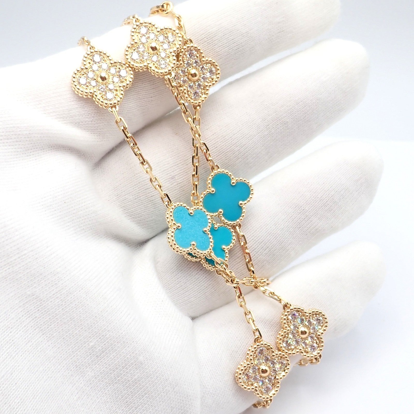 Van Cleef & Arpels 18k Yellow Gold 20 Motif Alhambra Diamond Turquoise Necklace | Fortrove